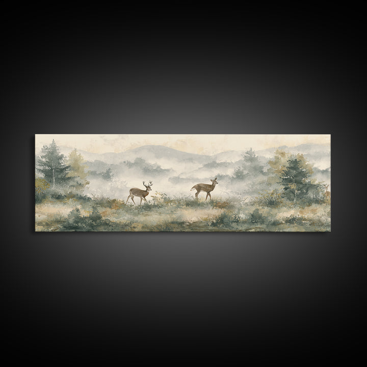 Deer Crossing a Misty Morning Field Framed Canvas Print, Country Art, Digital Prints, Farmhouse Decor, Fine Art, Country, COU-3x1-51