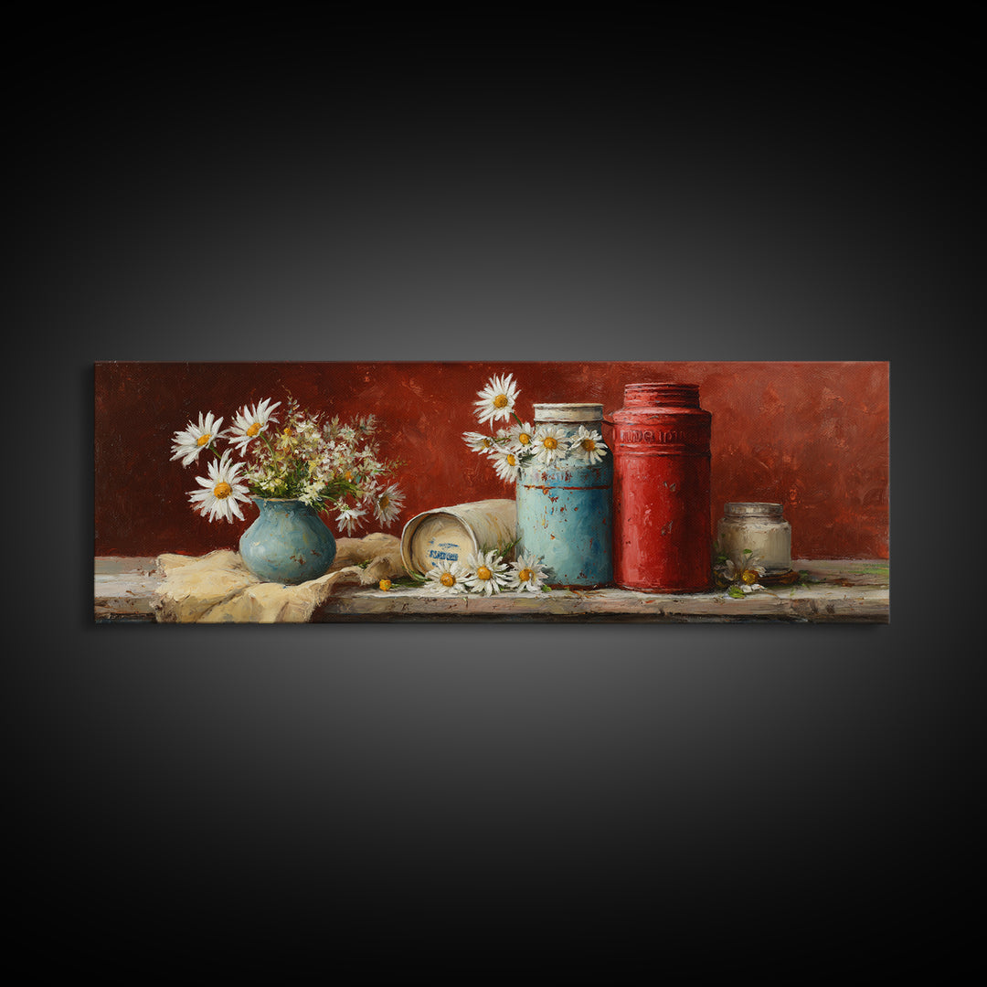 Milk Can and Daisies Rustic Still Life Framed Canvas Print, Country Art, Farmhouse Wall Decor, Farmhouse Decor, Country, COU-3x1-53