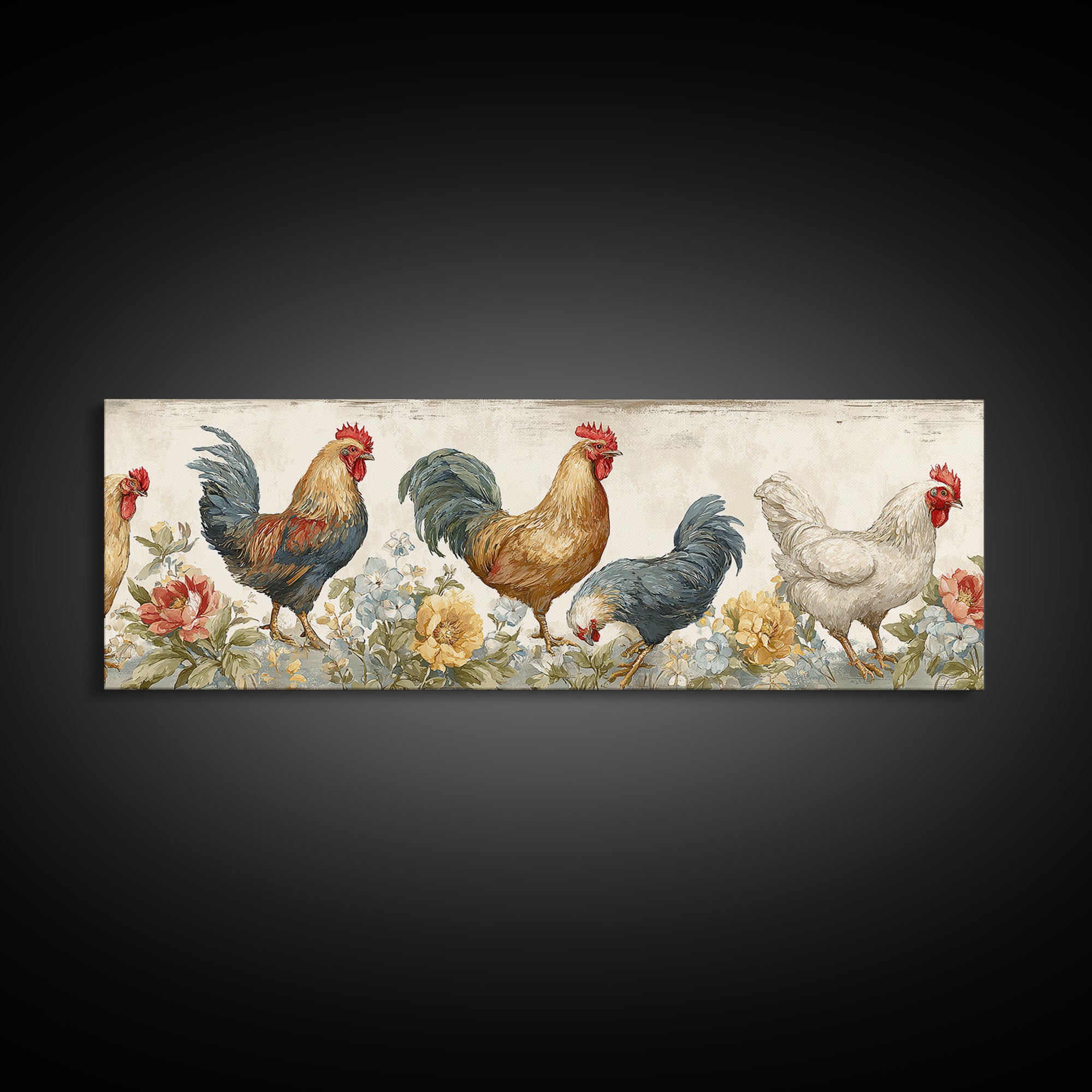 Chickens Pecking Near Garden Flowers Canvas Print, Country Art, Landscape Painting, Farmhouse Decor, Watercolor Art, Country, COU-3x1-54