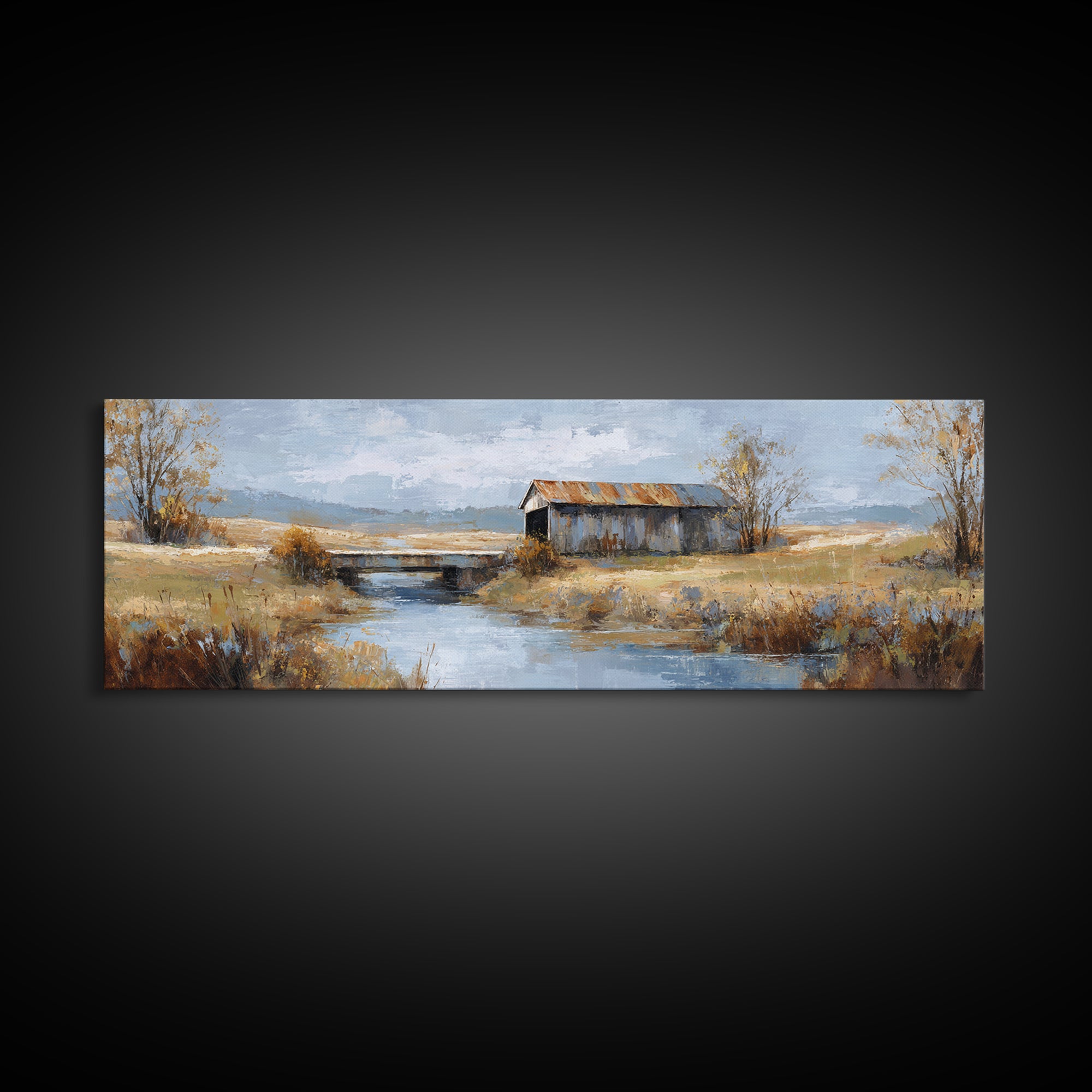 Covered Bridge over a Quiet Creek Framed Canvas Print, Country Art, Contemporary Art, Farmhouse Decor, Fine Art, Country, COU-3x1-55
