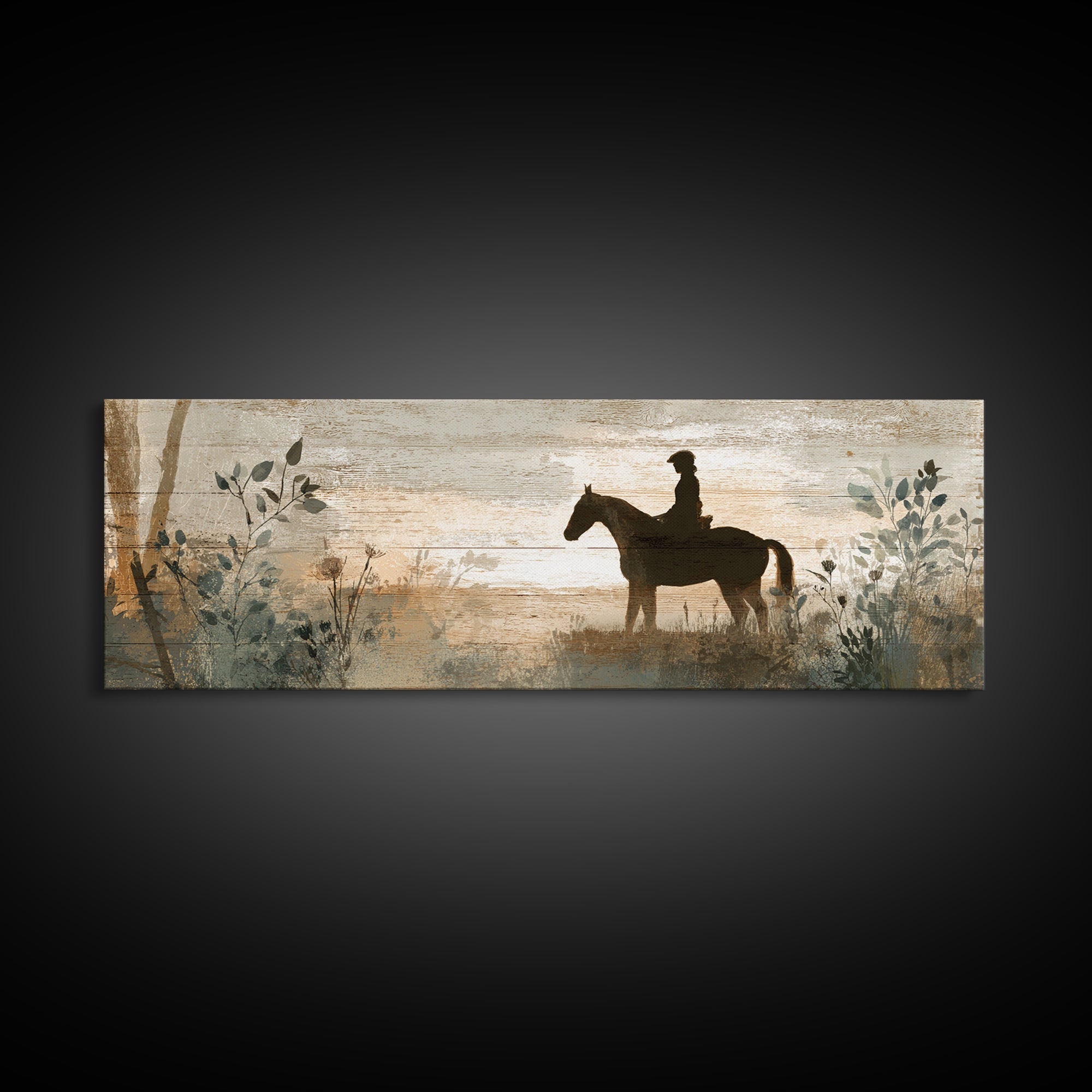 Horse and Rider Silhouette at Dusk Framed Canvas Print, Country Art, Digital Art Prints, Farmhouse Decor, Fine Art, Country, COU-3x1-57