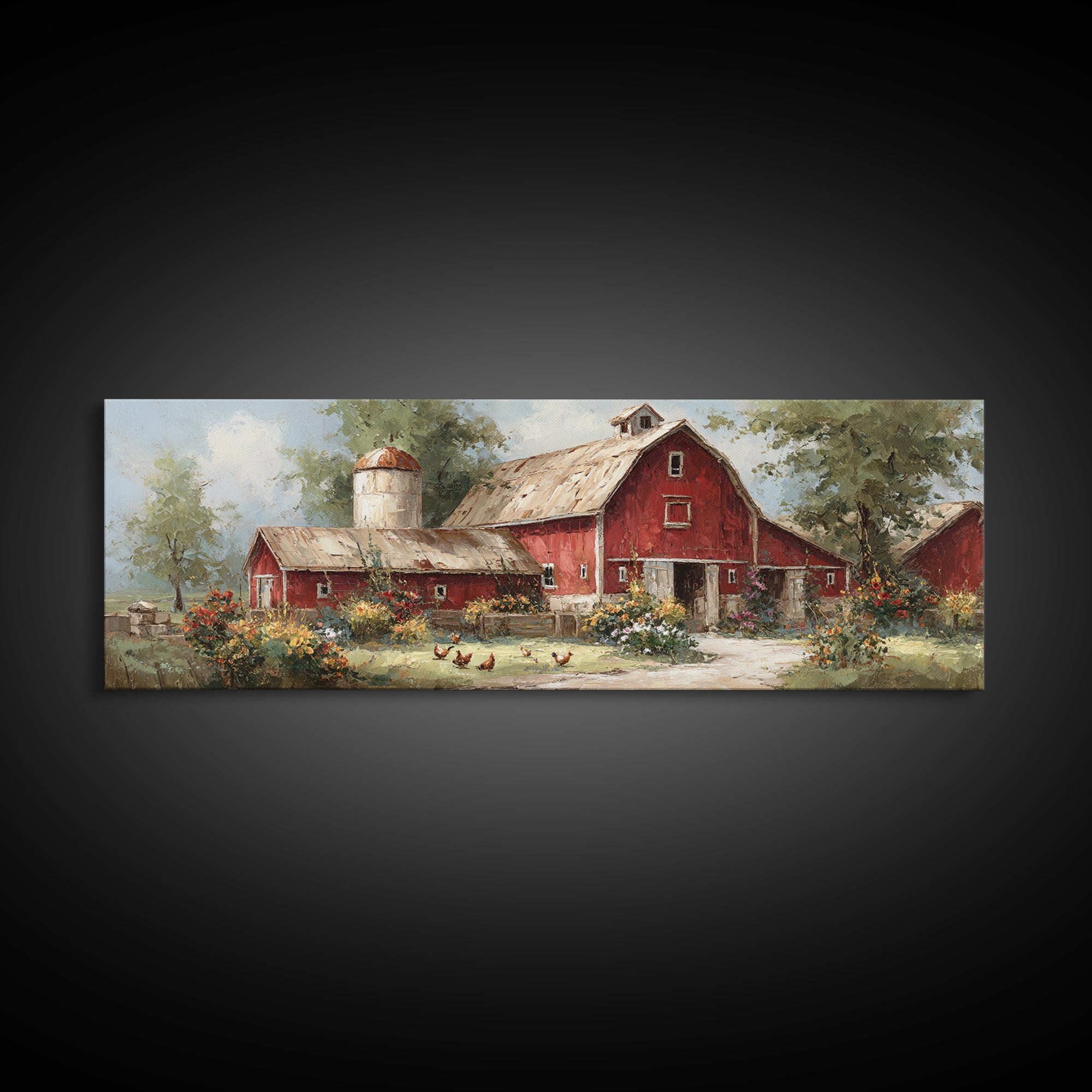 Chickens Pecking Near Garden Flowers Canvas Print, Country Art, Digital Art Prints, Farmhouse Decor, Fine Art, Country, COU-3x1-6