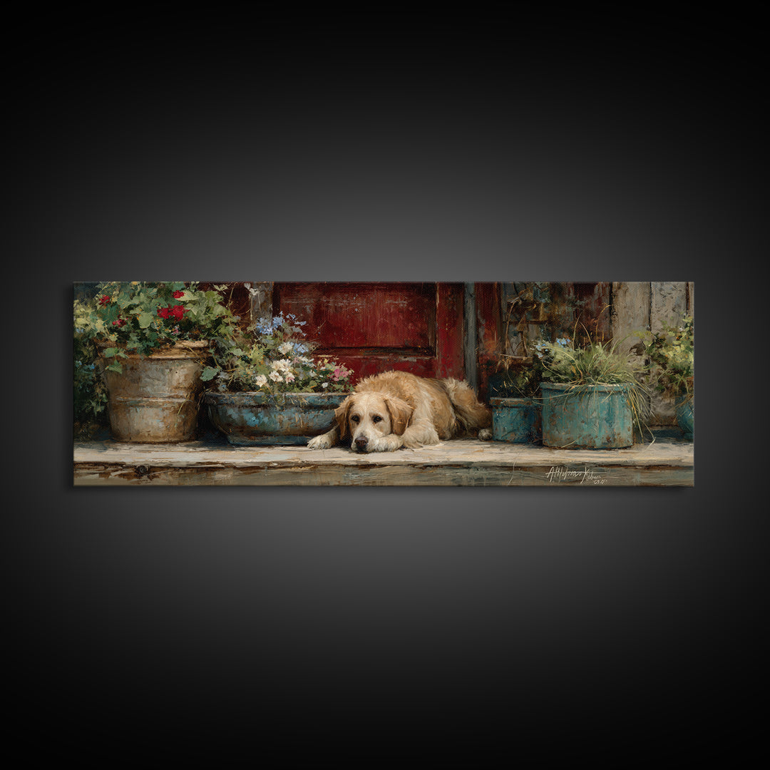 Dog Resting Beside a Porch Flower Pot Canvas Print, Country Art, Gallery Decor, Farmhouse Decor, Fine Art, Country, COU-3x1-62