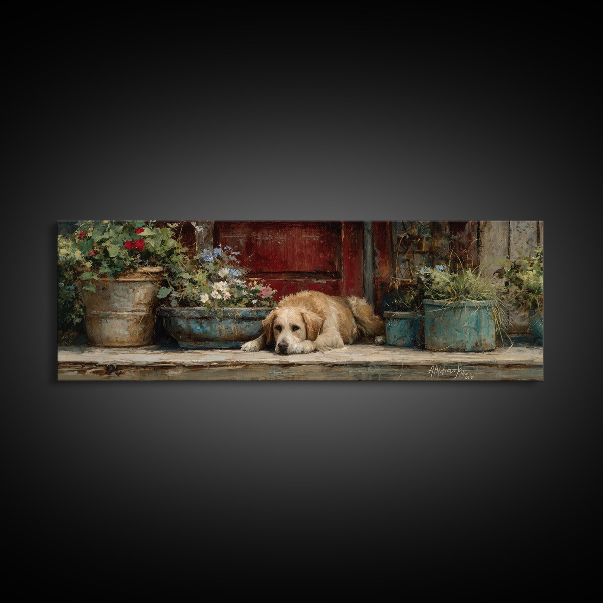 Dog Resting Beside a Porch Flower Pot Canvas Print, Country Art, Gallery Decor, Farmhouse Decor, Fine Art, Country, COU-3x1-62