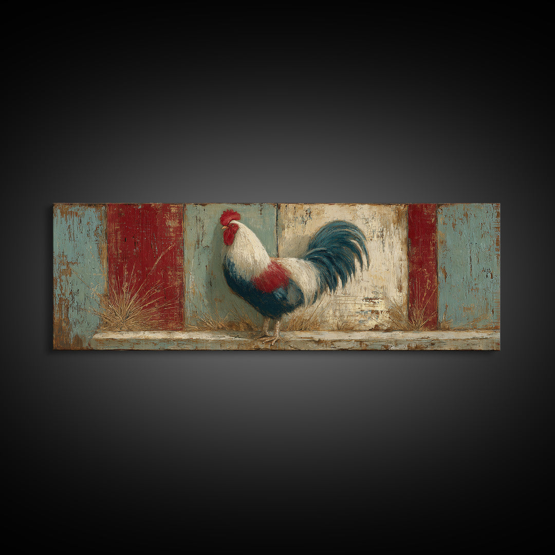 Rooster in Bold Folk Art Color Framed Canvas Print, Country Art, Eclectic Wall Art, Farmhouse Decor, Fine Art, Country, COU-3x1-69