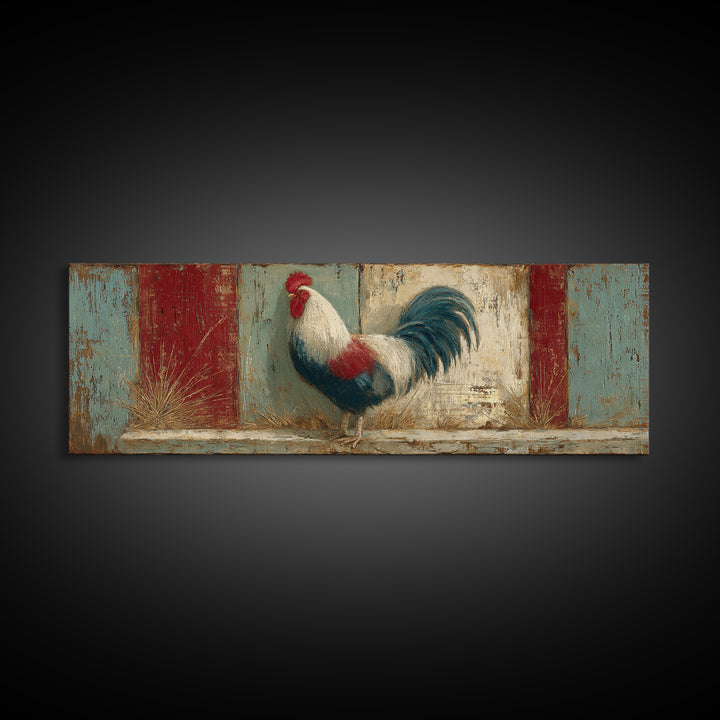Rooster in Bold Folk Art Color Framed Canvas Print, Country Art, Eclectic Wall Art, Farmhouse Decor, Fine Art, Country, COU-3x1-69