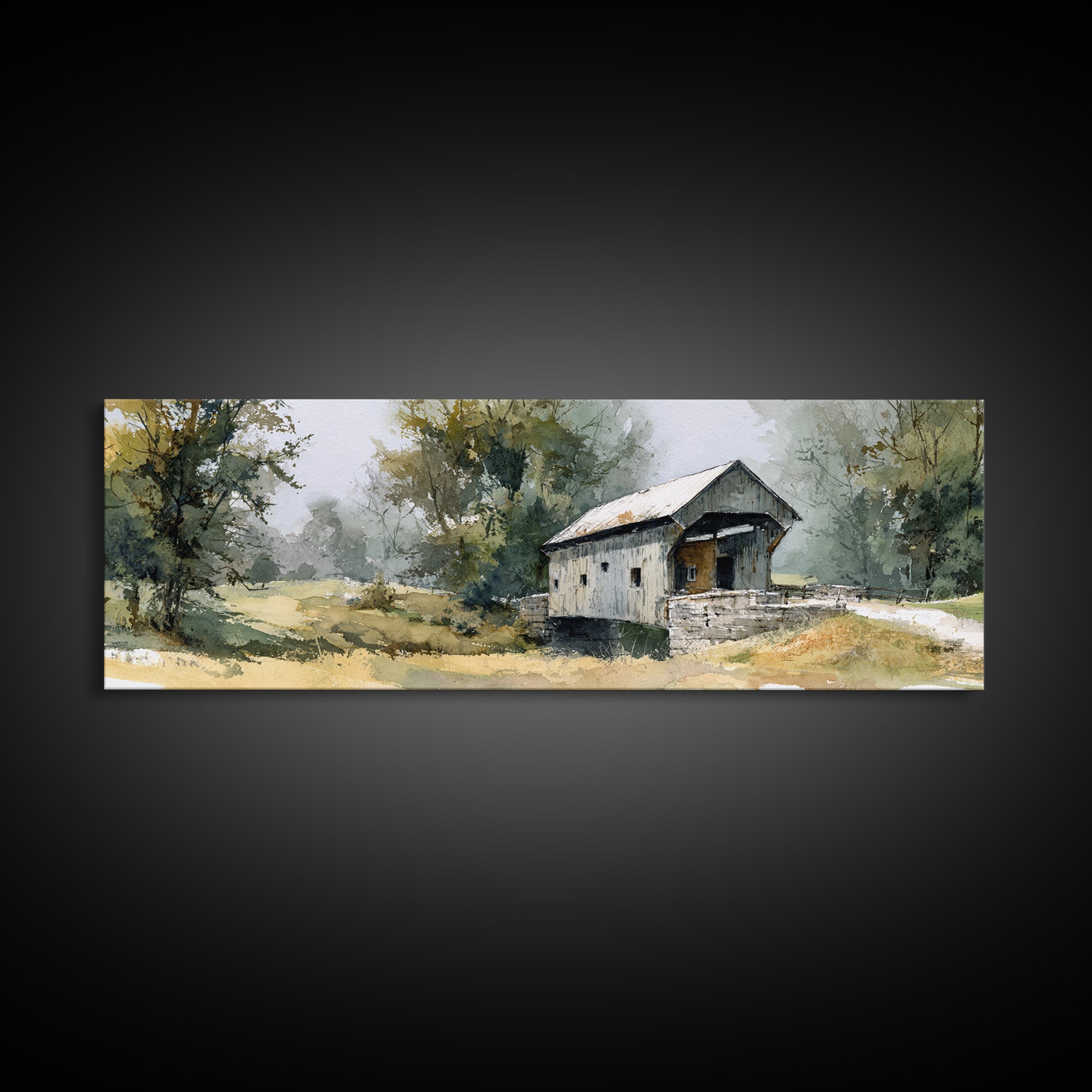 Covered Bridge over a Quiet Creek Framed Canvas Print, Country Art, Wall Decor, Farmhouse Decor, Fine Art, Country, Wall Art, COU-3x1-7