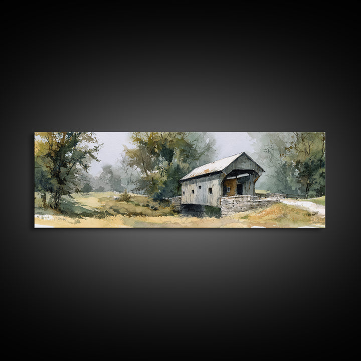 Covered Bridge over a Quiet Creek Framed Canvas Print, Country Art, Wall Decor, Farmhouse Decor, Fine Art, Country, Wall Art, COU-3x1-7