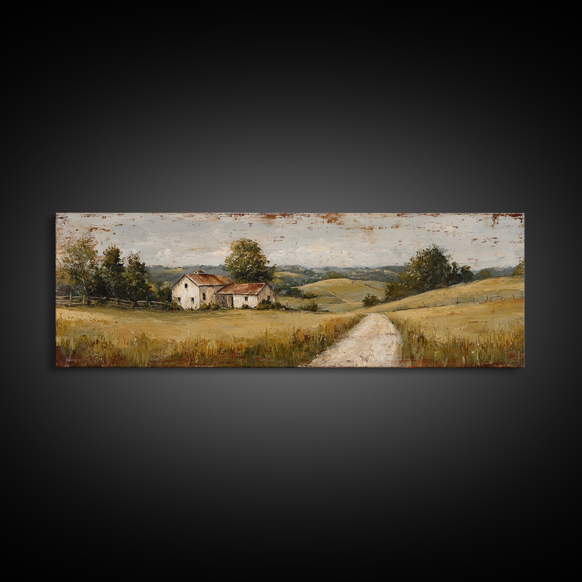 Country Road Disappearing into Green Hills Canvas Print, Country Art, Oil Painting, Farmhouse Decor, Fine Art, Country, COU-3x1-71
