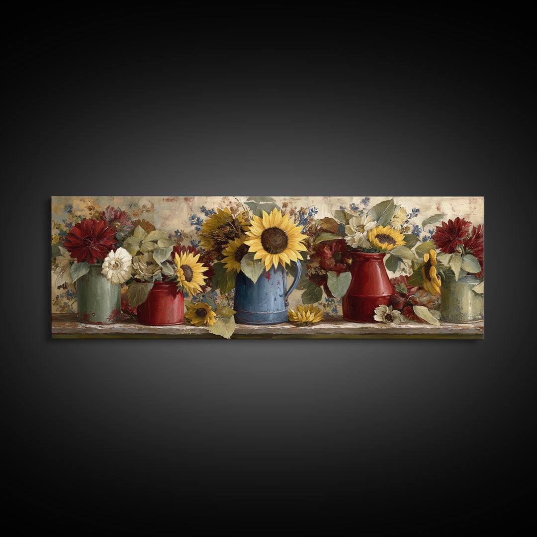 Sunflowers in a Blue Enamel Pitcher Framed Canvas Print, Country Art, Wall Art, Farmhouse Decor, Fine Art, Country, COU-3x1-72