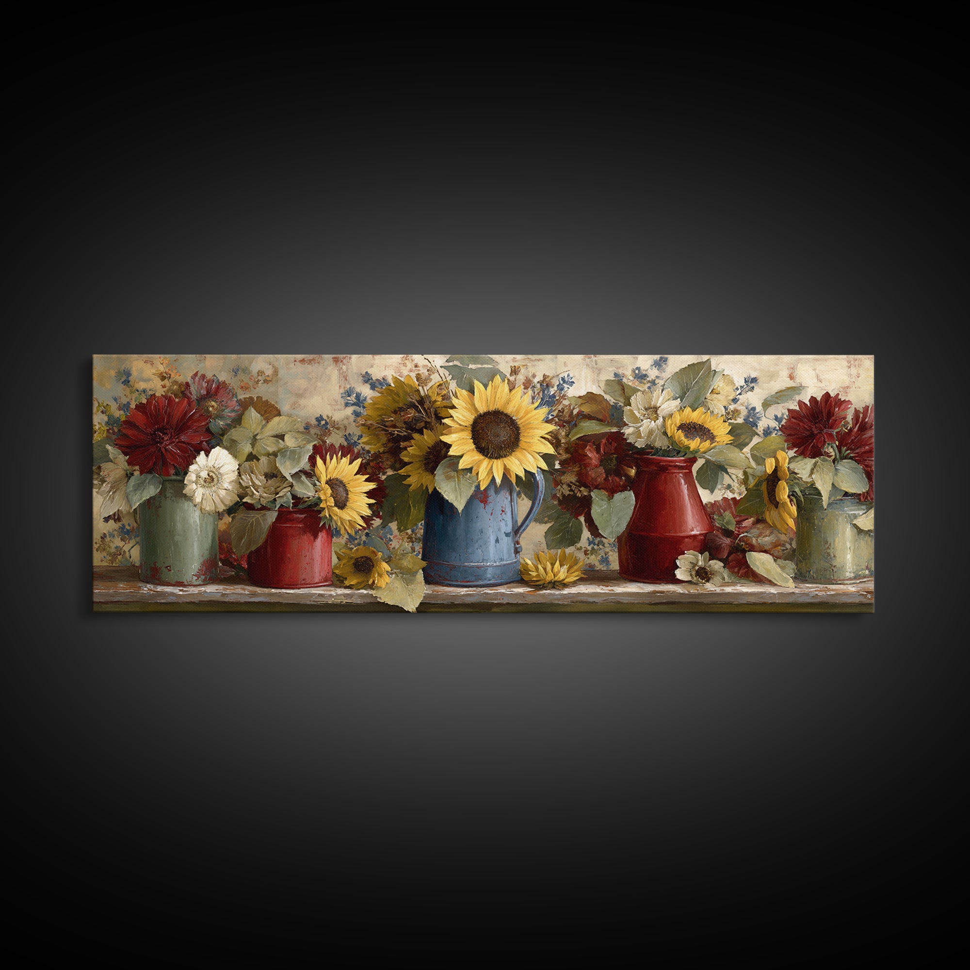 Sunflowers in a Blue Enamel Pitcher Framed Canvas Print, Country Art, Wall Art, Farmhouse Decor, Fine Art, Country, COU-3x1-72