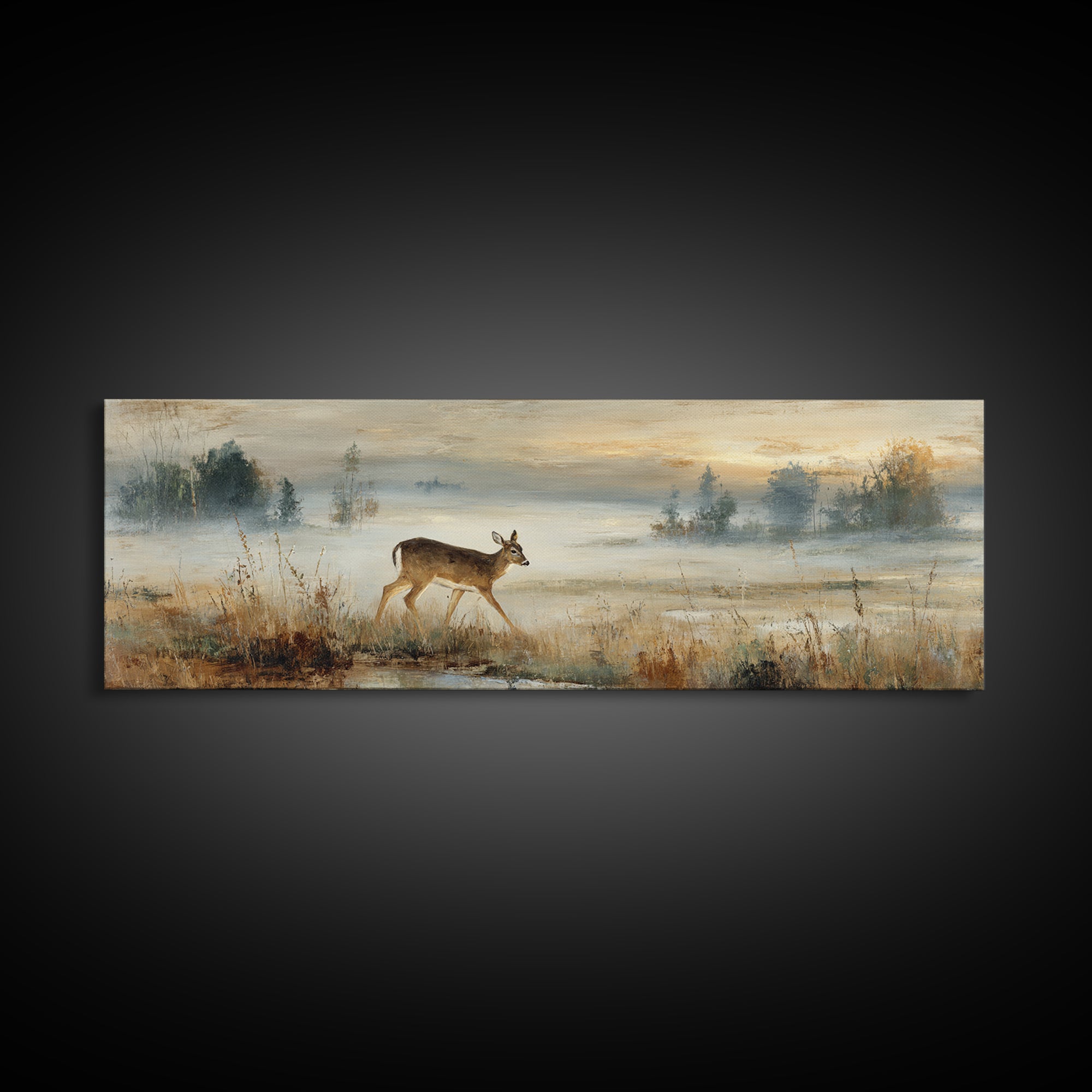 Deer Crossing a Misty Morning Field Canvas Print, Country Art, Digital Wall Art, Farmhouse Decor, Country, Floral Wall Art, COU-3x1-75