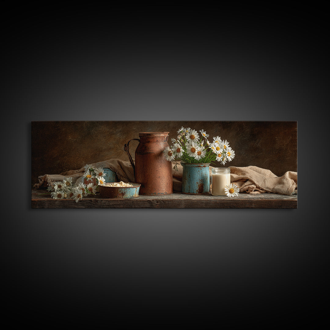 Milk Can and Daisies Rustic Still Life Framed Canvas Print, Country Art, Farmhouse Wall Decor, Farmhouse Decor, Country, COU-3x1-77