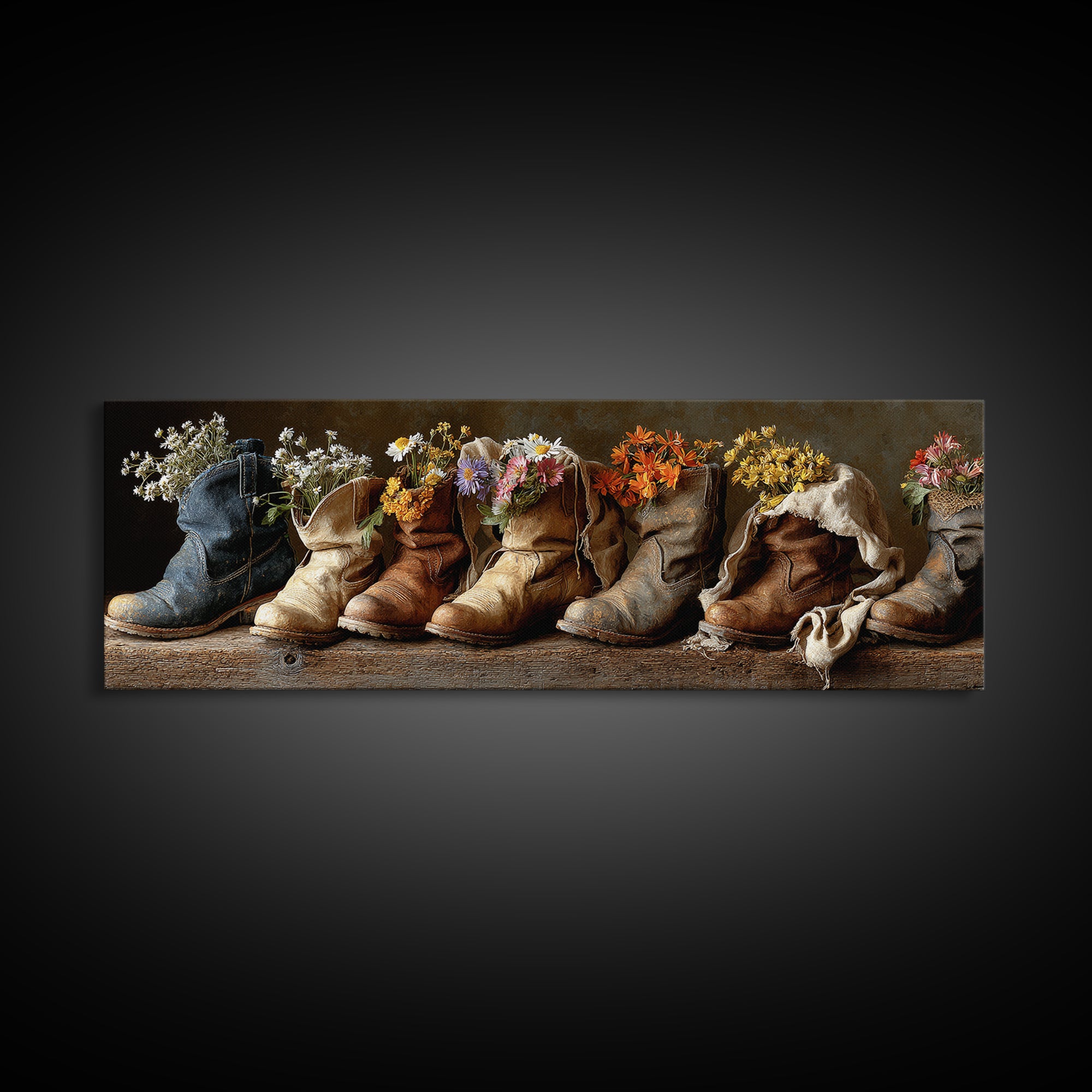Weathered Boots with Wildflowers Tucked Inside Canvas Print, Country Art, Landscape Painting, Farmhouse Decor, Watercolor Art, COU-3x1-8