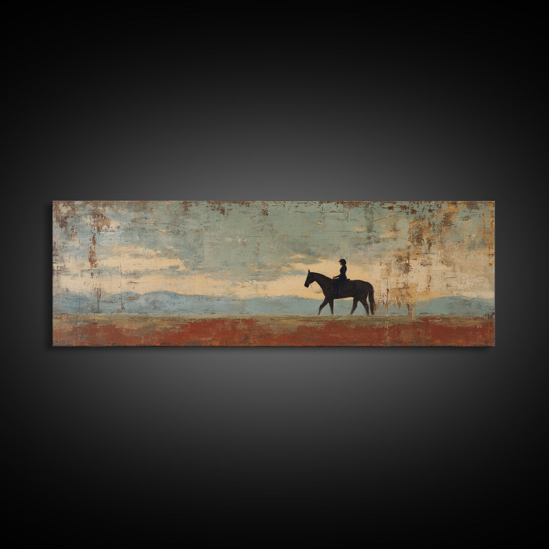 Horse and Rider Silhouette at Dusk Framed Canvas Print, Country Art, Digital Art Prints, Farmhouse Decor, Fine Art, Country, COU-3x1-81