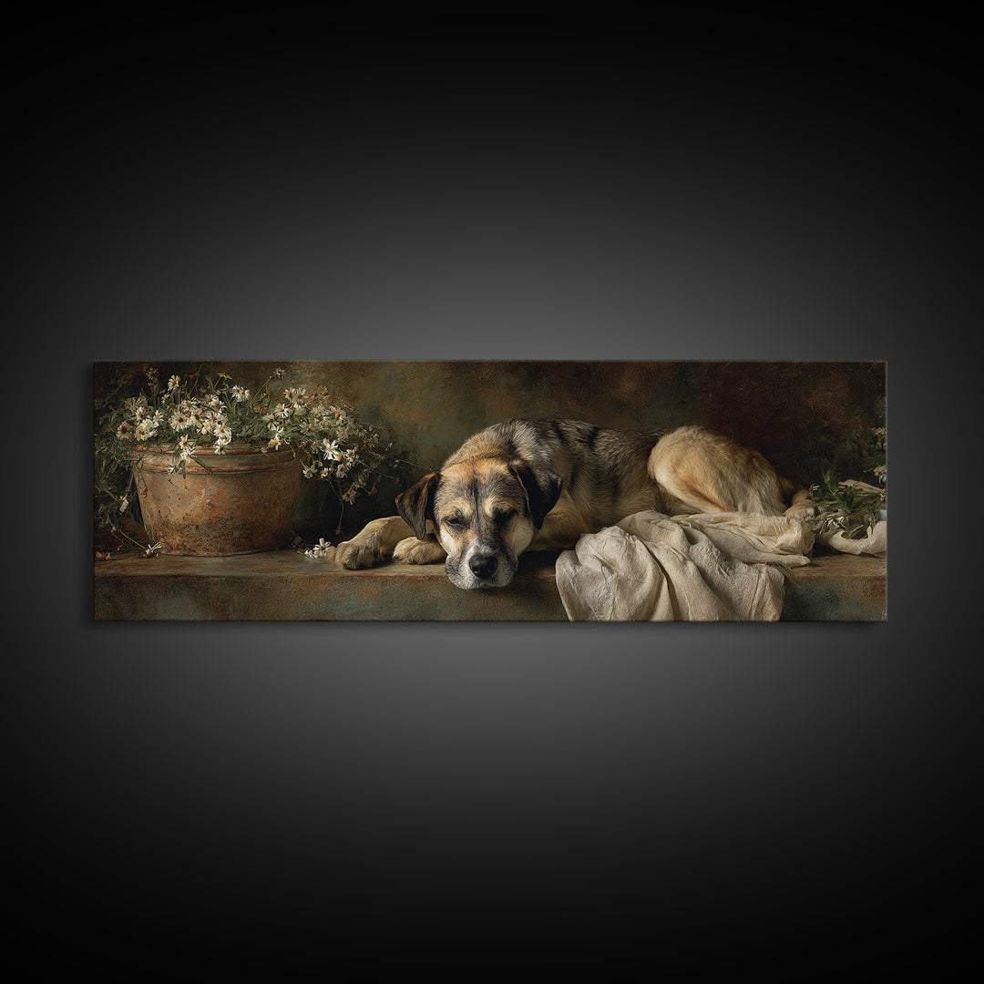 Dog Resting Beside a Porch Flower Pot Canvas Print, Country Art, Digital Wall Art, Farmhouse Decor, Fine Art, Country, COU-3x1-86