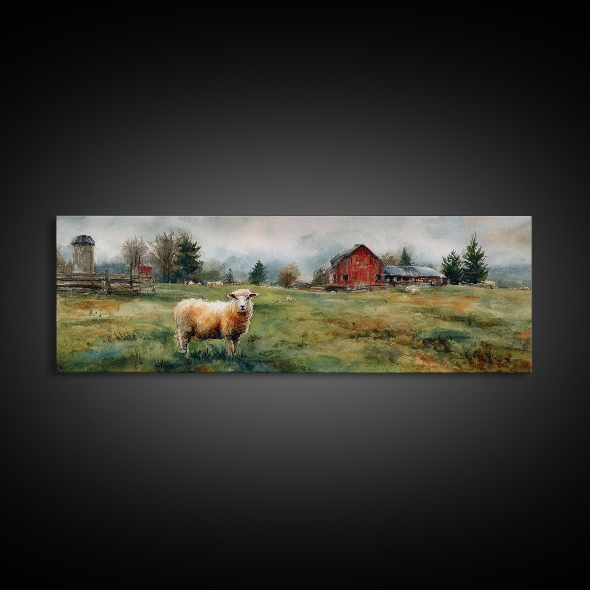 Watercolor Sheep in a Green Pasture Framed Canvas Print, Country Art, Printable Wall Art, Farmhouse Decor, Fine Art, Country, COU-3x1-87
