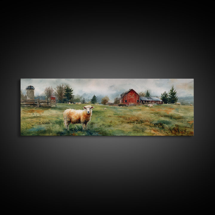 Watercolor Sheep in a Green Pasture Framed Canvas Print, Country Art, Printable Wall Art, Farmhouse Decor, Fine Art, Country, COU-3x1-87