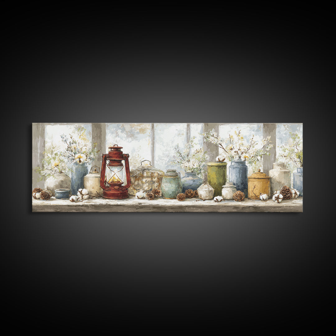 Old Lantern and Pinecones Still Life Canvas Print, Country Art, Minimalist Decor, Farmhouse Decor, Oil Painting, Country, COU-3x1-88