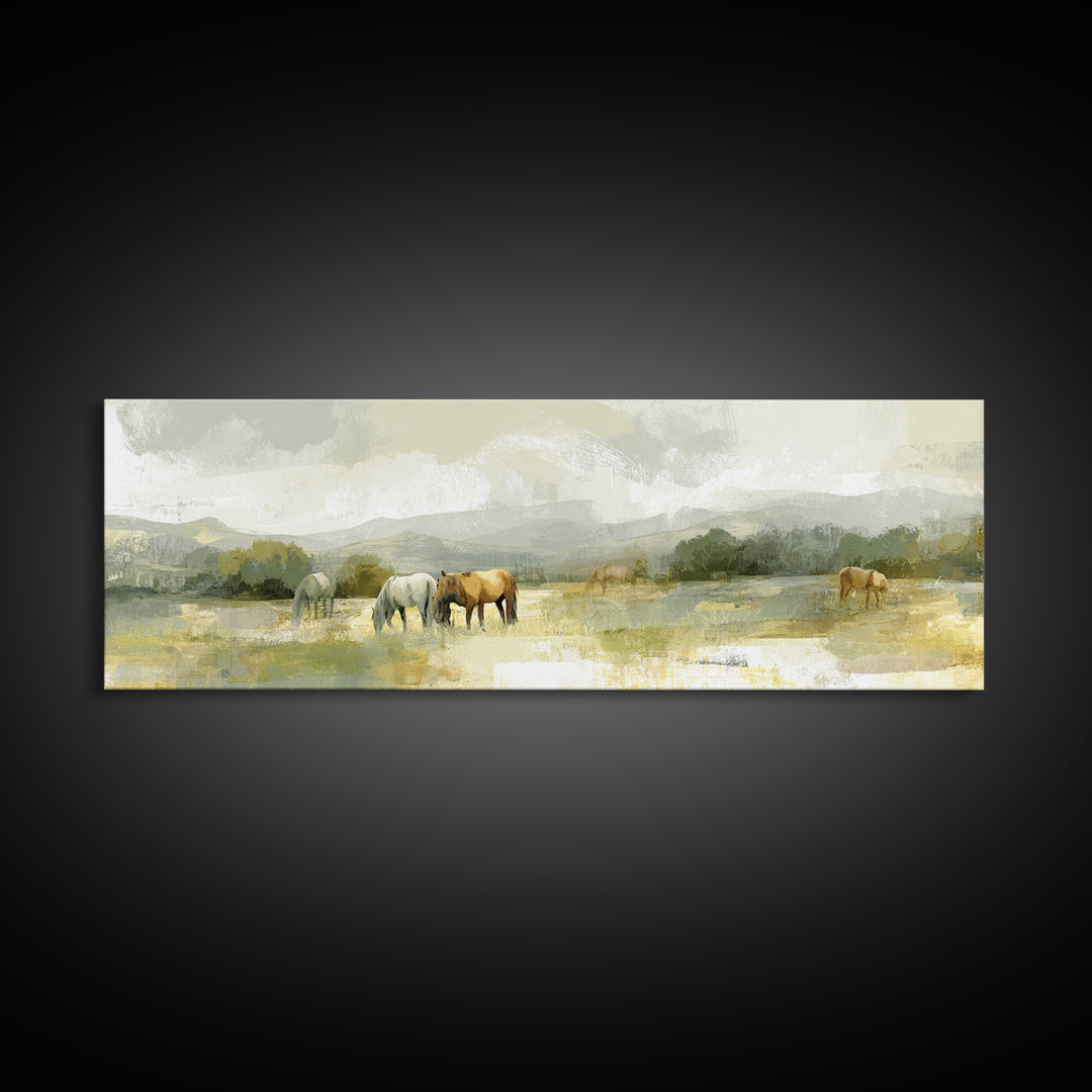 Rolling Pasture with Grazing Horses at Sunrise Canvas Print, Country Art, Landscape Wall Art, Farmhouse Decor, Country, COU-3x1-89