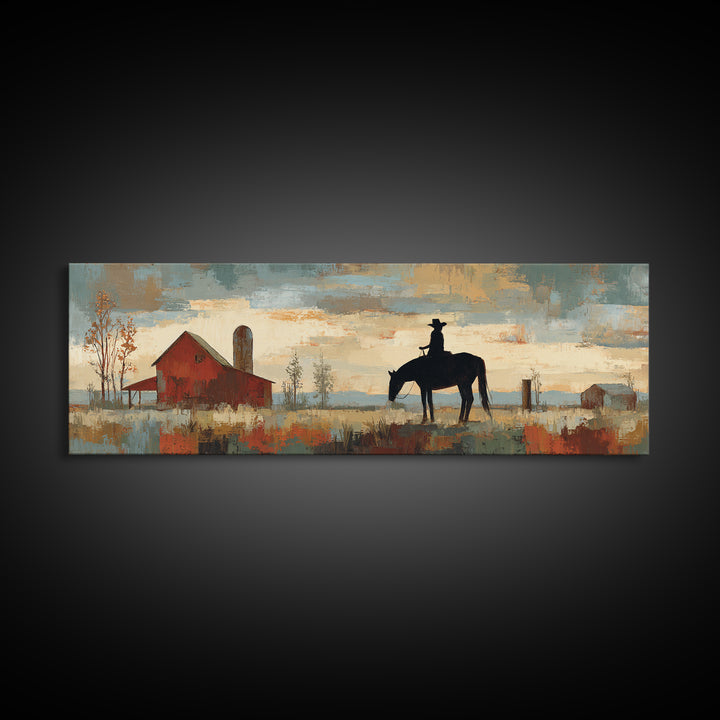 Horse and Rider Silhouette at Dusk Framed Canvas Print, Country Art, Digital Wall Art, Farmhouse Decor, Fine Art, Country, COU-3x1-9