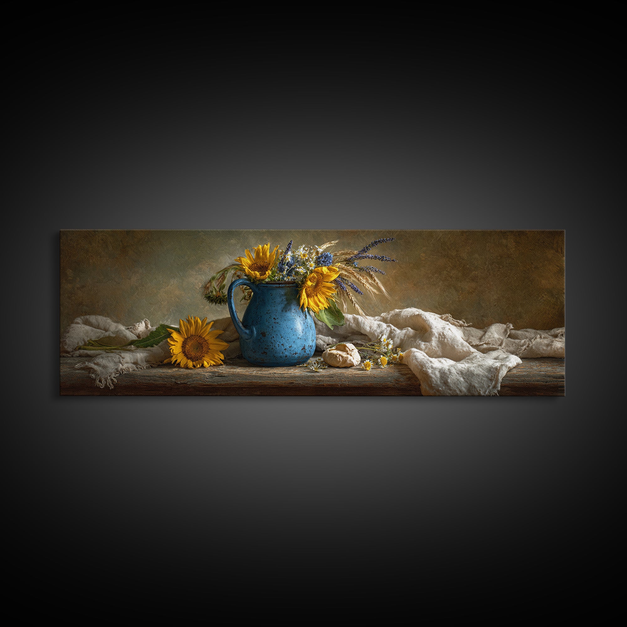 Sunflowers in a Blue Enamel Pitcher Canvas Print, Country Art, Wall Decor, Farmhouse Decor, Fine Art, Country, Wall Art, COU-3x1-96