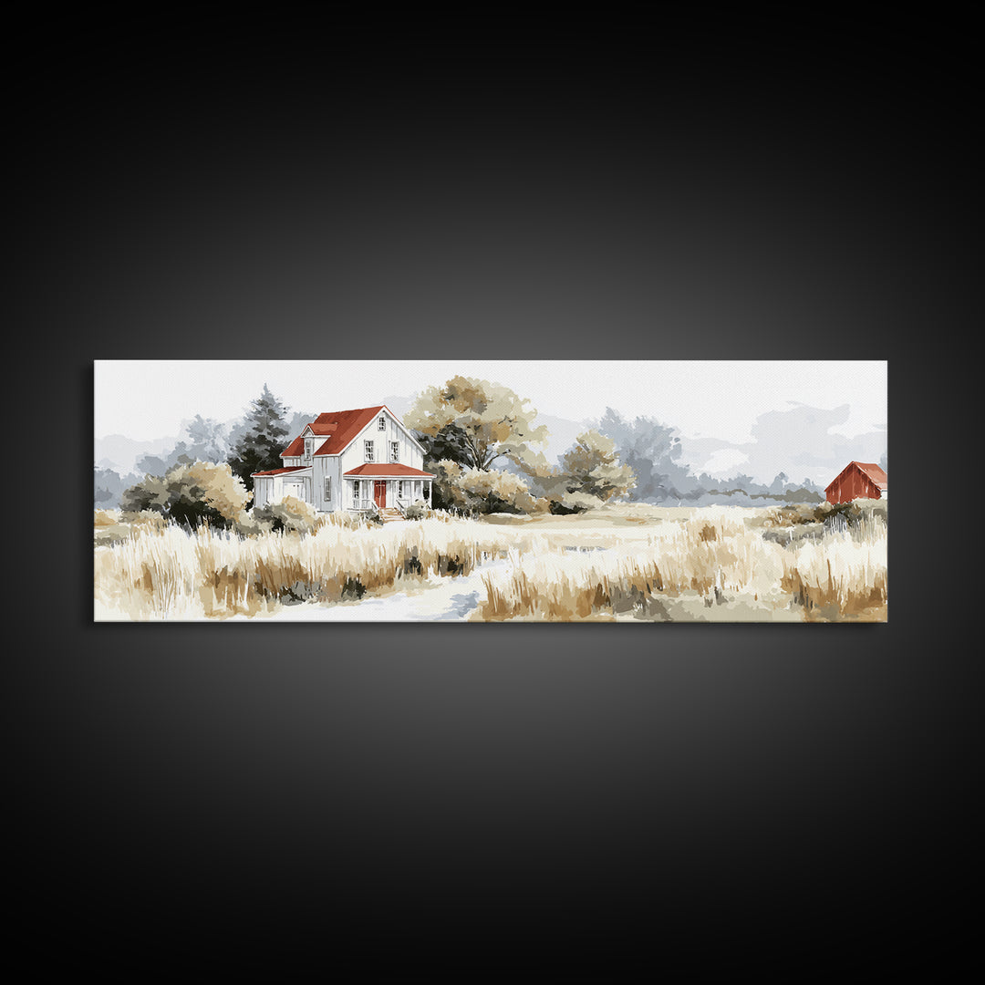 White Farmhouse Surrounded by Tall Grass Canvas Print, Country Art, Floral Wall Art, Farmhouse Decor, Fine Art, Country, COU-3x1-98
