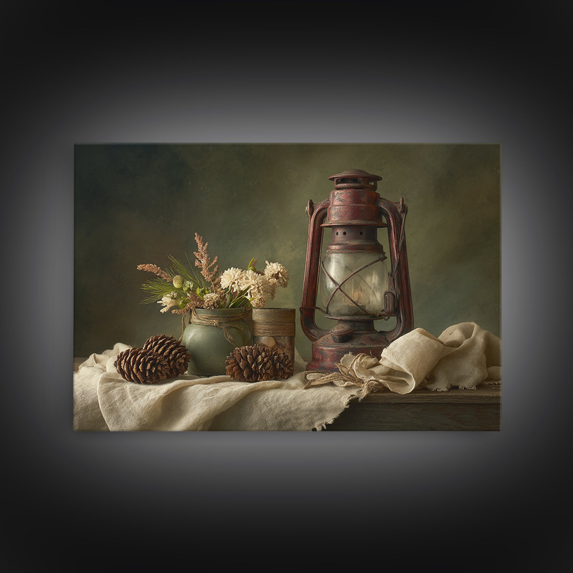 Old Lantern and Pinecones Still Life Framed Canvas Print, Country Art, Modern Decor, Farmhouse Decor, Oil Painting, Country, COU-3x2-100