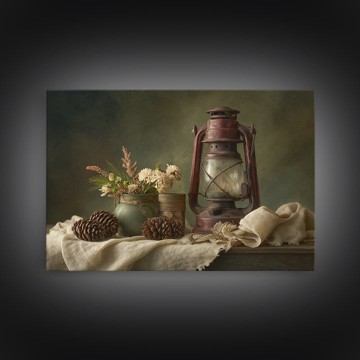 Old Lantern and Pinecones Still Life Framed Canvas Print, Country Art, Modern Decor, Farmhouse Decor, Oil Painting, Country, COU-3x2-100