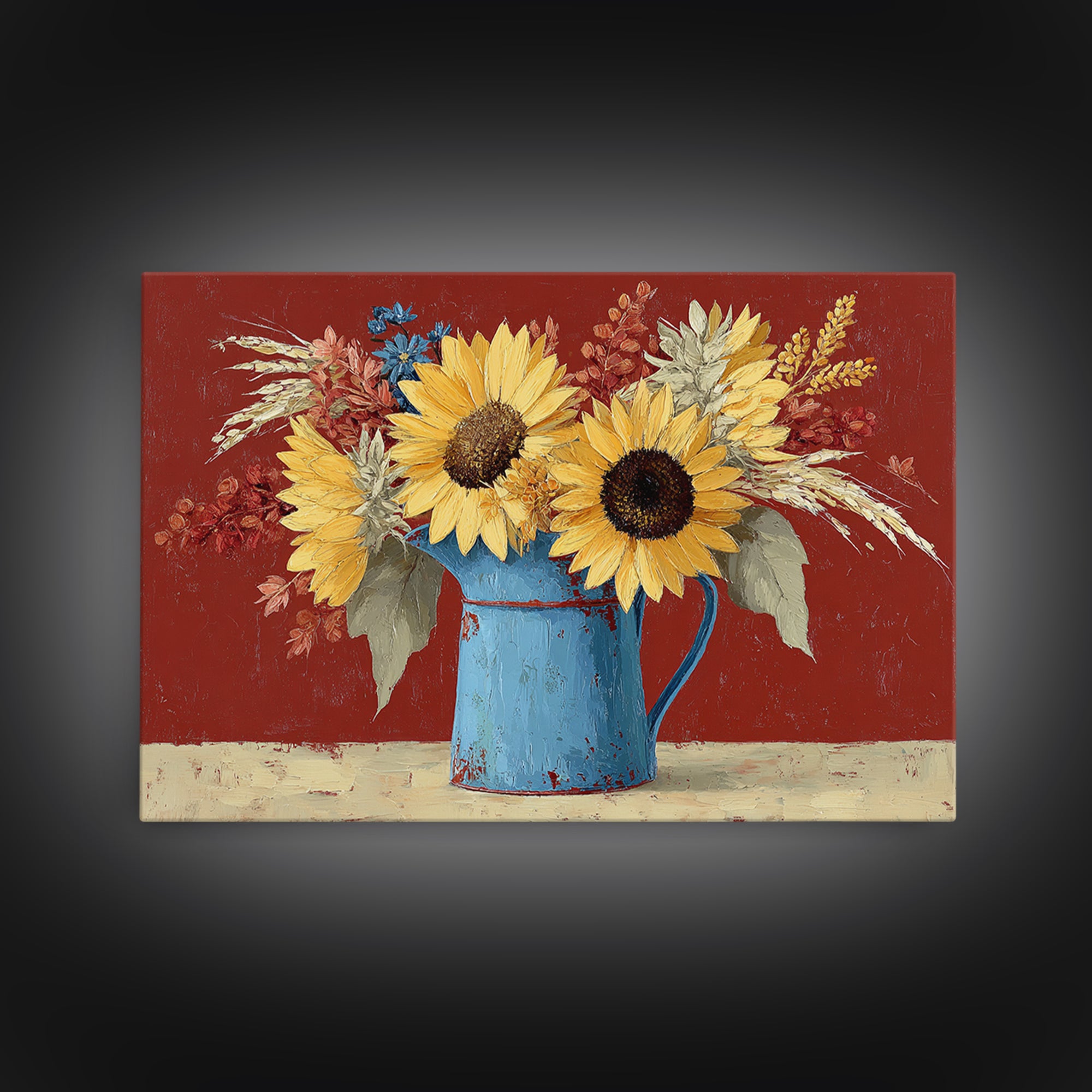 Sunflowers in a Blue Enamel Pitcher Canvas Print, Country Art, Digital Print, Farmhouse Decor, Oil Painting, Country, COU-3x2-12