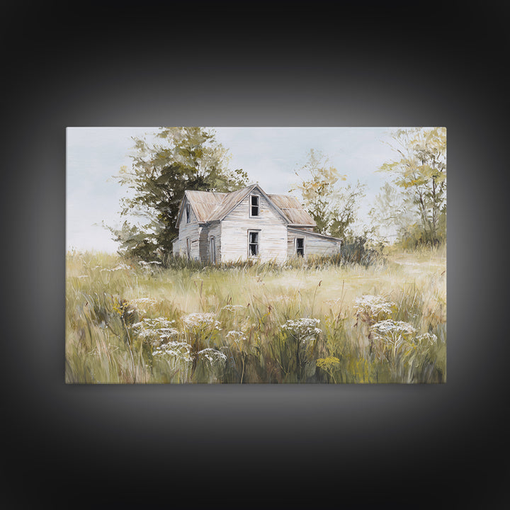 White Farmhouse Surrounded by Tall Grass Framed Canvas Print, Country Art, Printable Wall Art, Farmhouse Decor, Country, COU-3x2-14