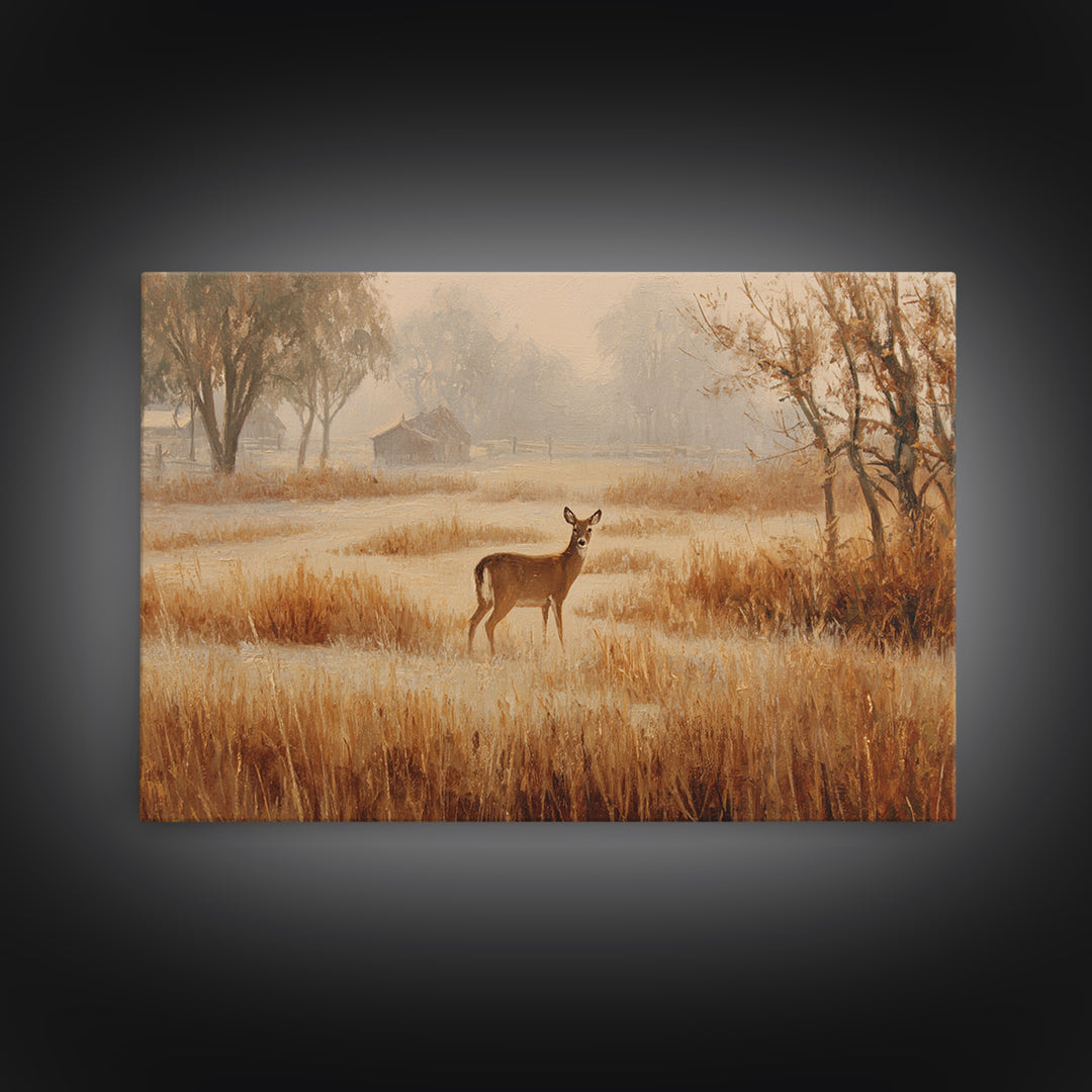 Deer Crossing a Misty Morning Field Framed Canvas Print, Country Art, Oil Painting, Farmhouse Decor, Fine Art, Country, COU-3x2-15