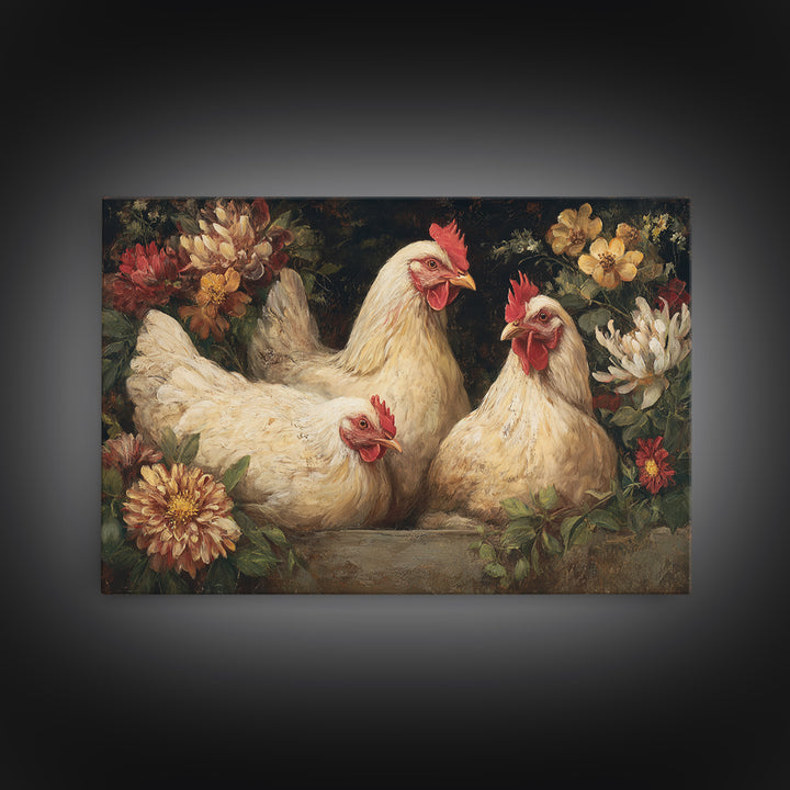 Chickens Pecking Near Garden Flowers Framed Canvas Print, Country Art, Farmhouse Decor, Watercolor Art, Country, COU-3x2-18