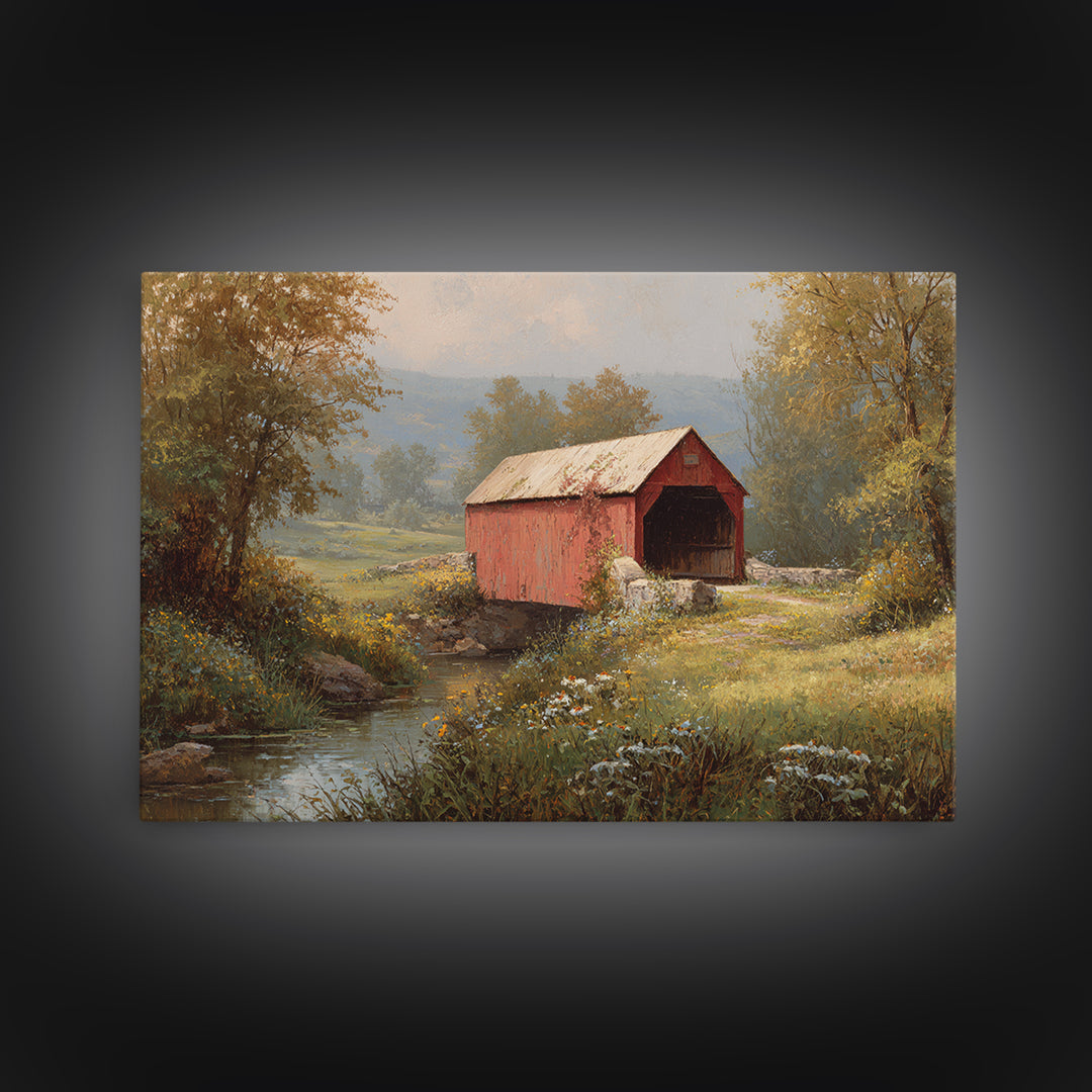 Covered Bridge over a Quiet Creek Framed Canvas Print, Country Art, Landscape Painting, Farmhouse Decor, Fine Art, Country, COU-3x2-19