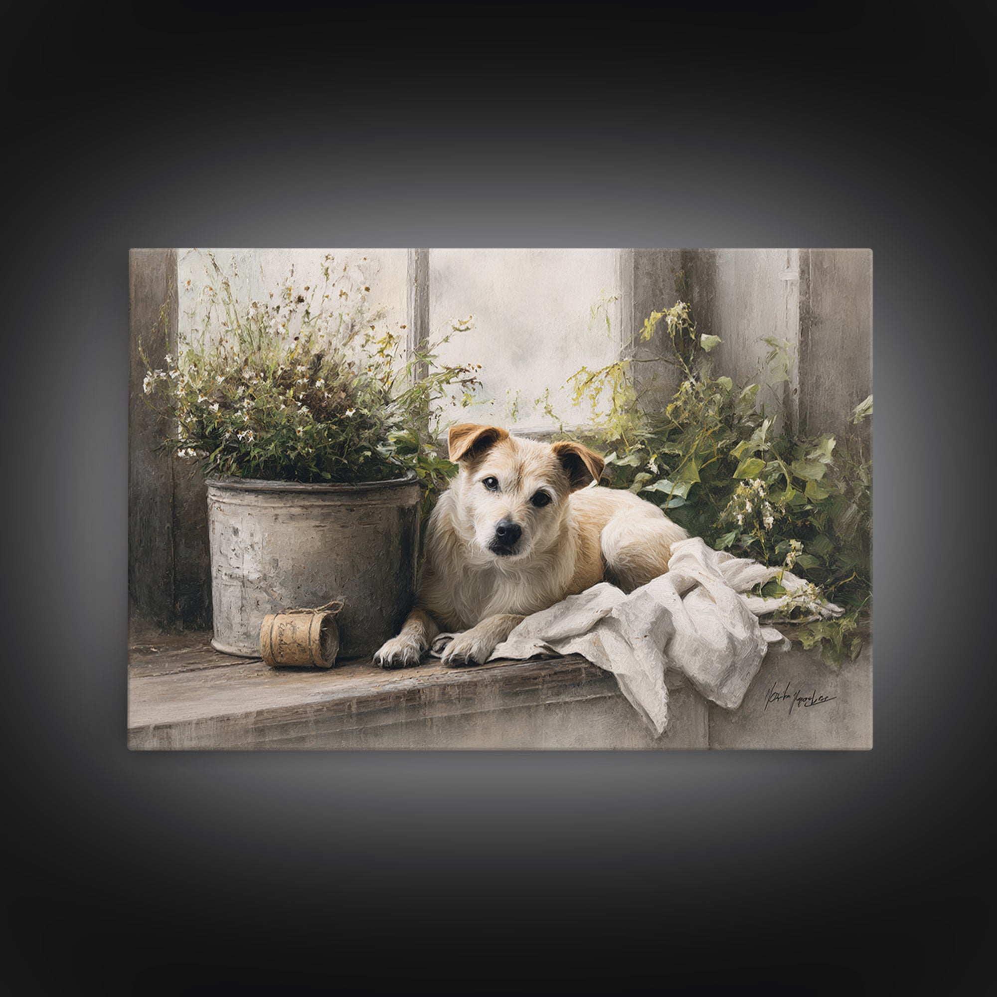 Dog Resting Beside a Porch Flower Pot Canvas Print, Country Art, Digital Wall Art, Farmhouse Decor, Fine Art, Country, COU-3x2-26