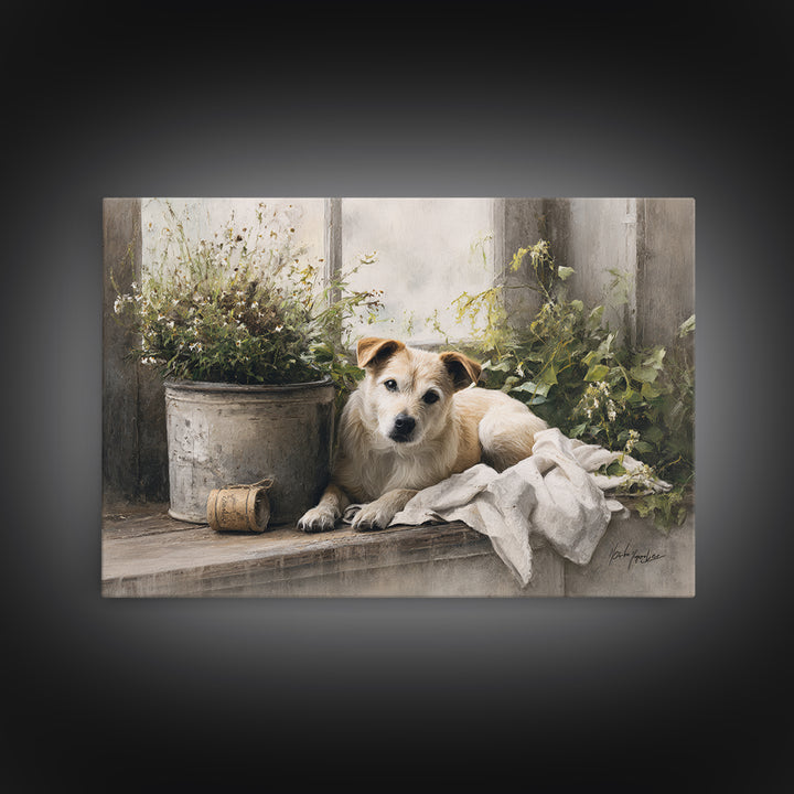 Dog Resting Beside a Porch Flower Pot Canvas Print, Country Art, Digital Wall Art, Farmhouse Decor, Fine Art, Country, COU-3x2-26