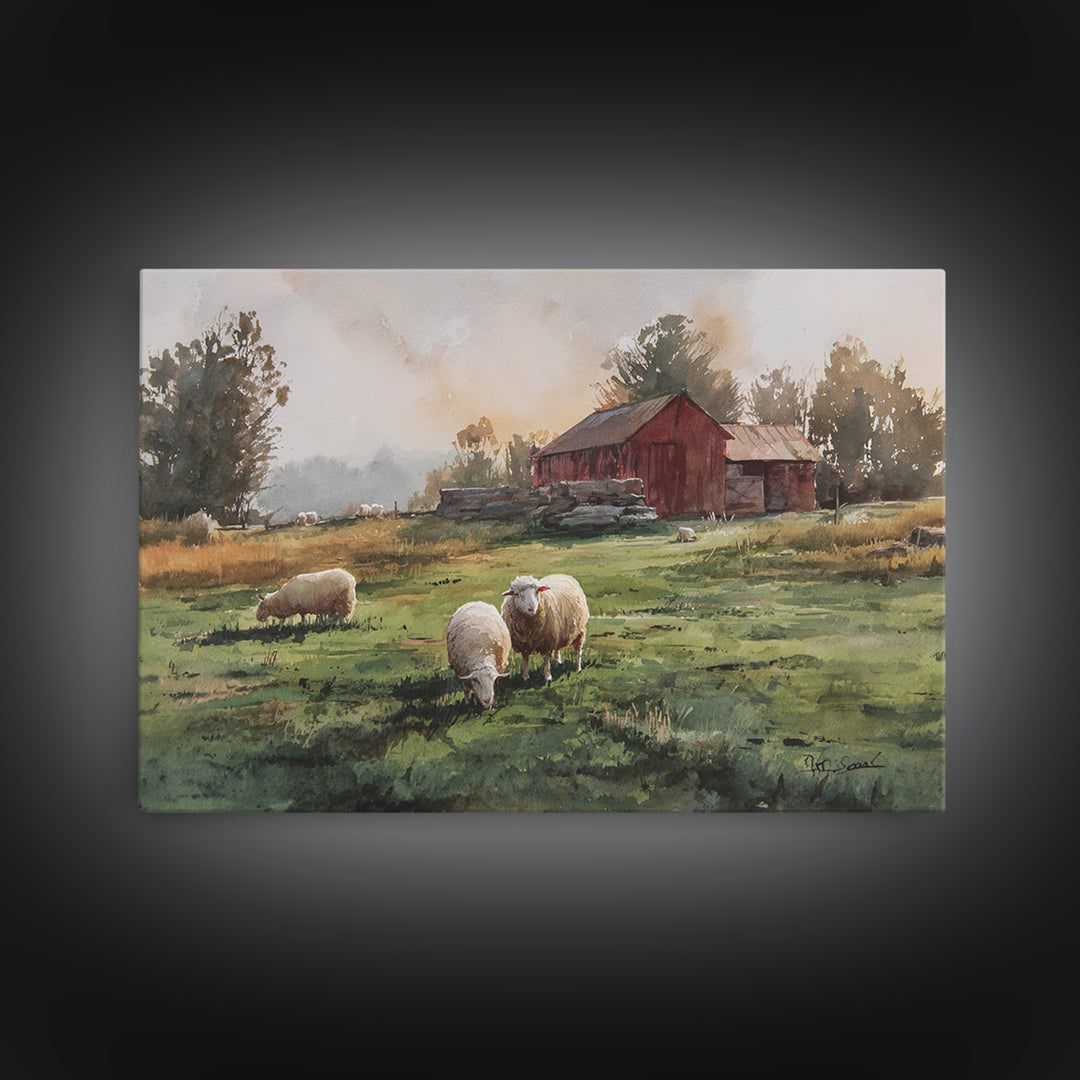 Watercolor Sheep in a Green Pasture Canvas Print, Country Art, Printable Art, Farmhouse Decor, Country, French Country, COU-3x2-3