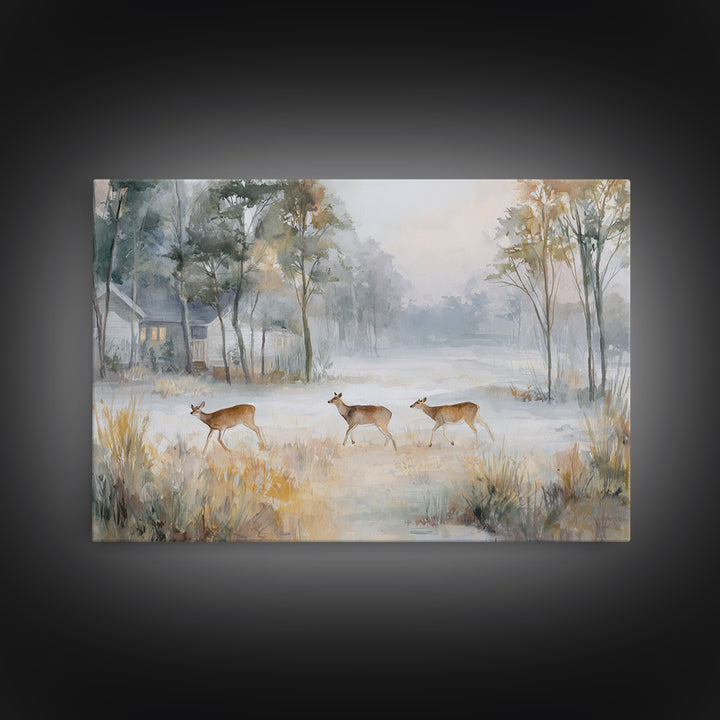 Deer Crossing a Misty Morning Field Framed Canvas Print, Country Art, Wall Decor, Farmhouse Decor, Fine Art, Country, COU-3x2-39