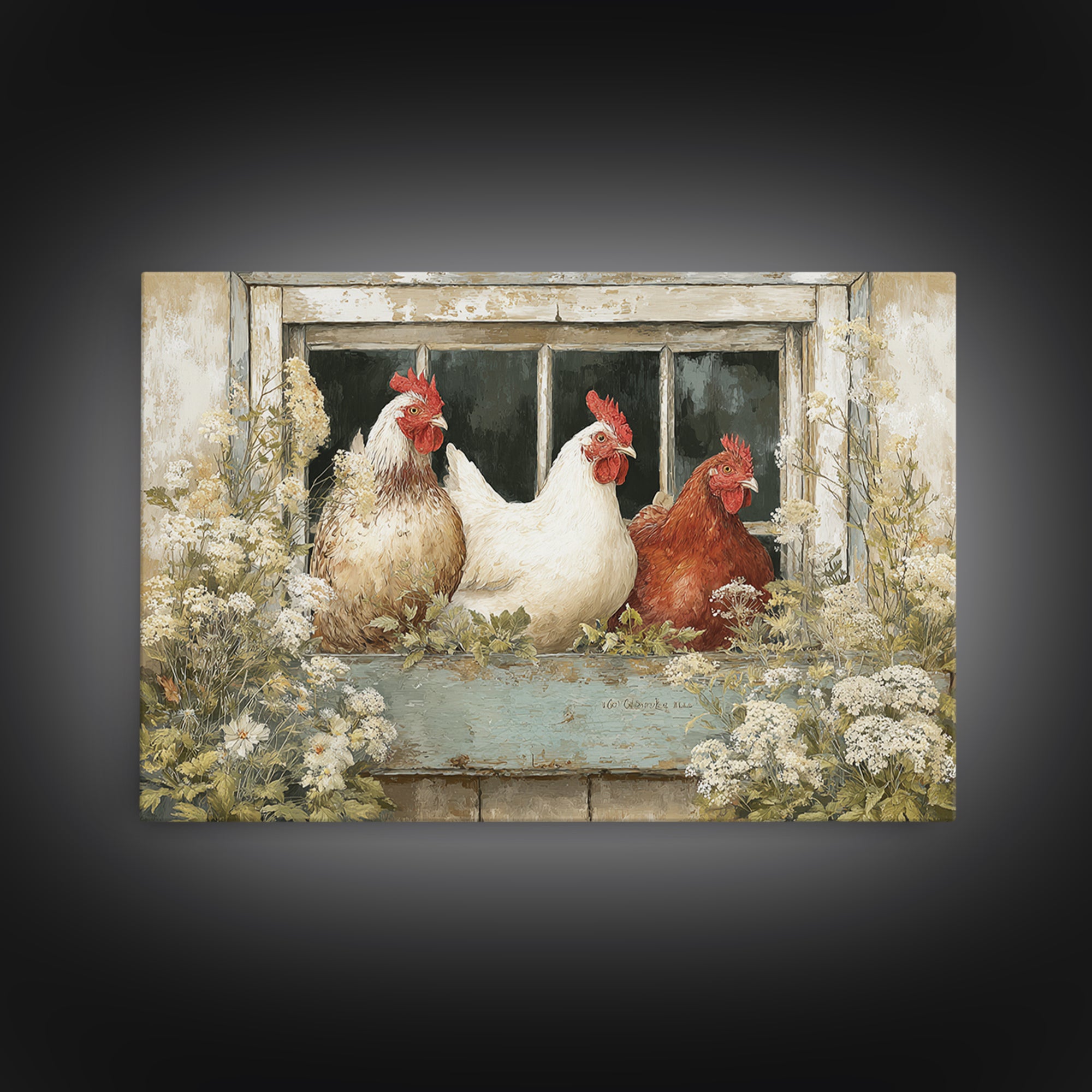 Chickens Pecking Near Garden Flowers Canvas Print, Country Art, Printable Art, Farmhouse Decor, Watercolor Art, Country, COU-3x2-42