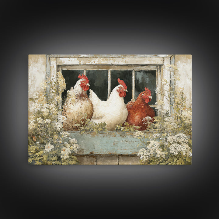 Chickens Pecking Near Garden Flowers Canvas Print, Country Art, Printable Art, Farmhouse Decor, Watercolor Art, Country, COU-3x2-42