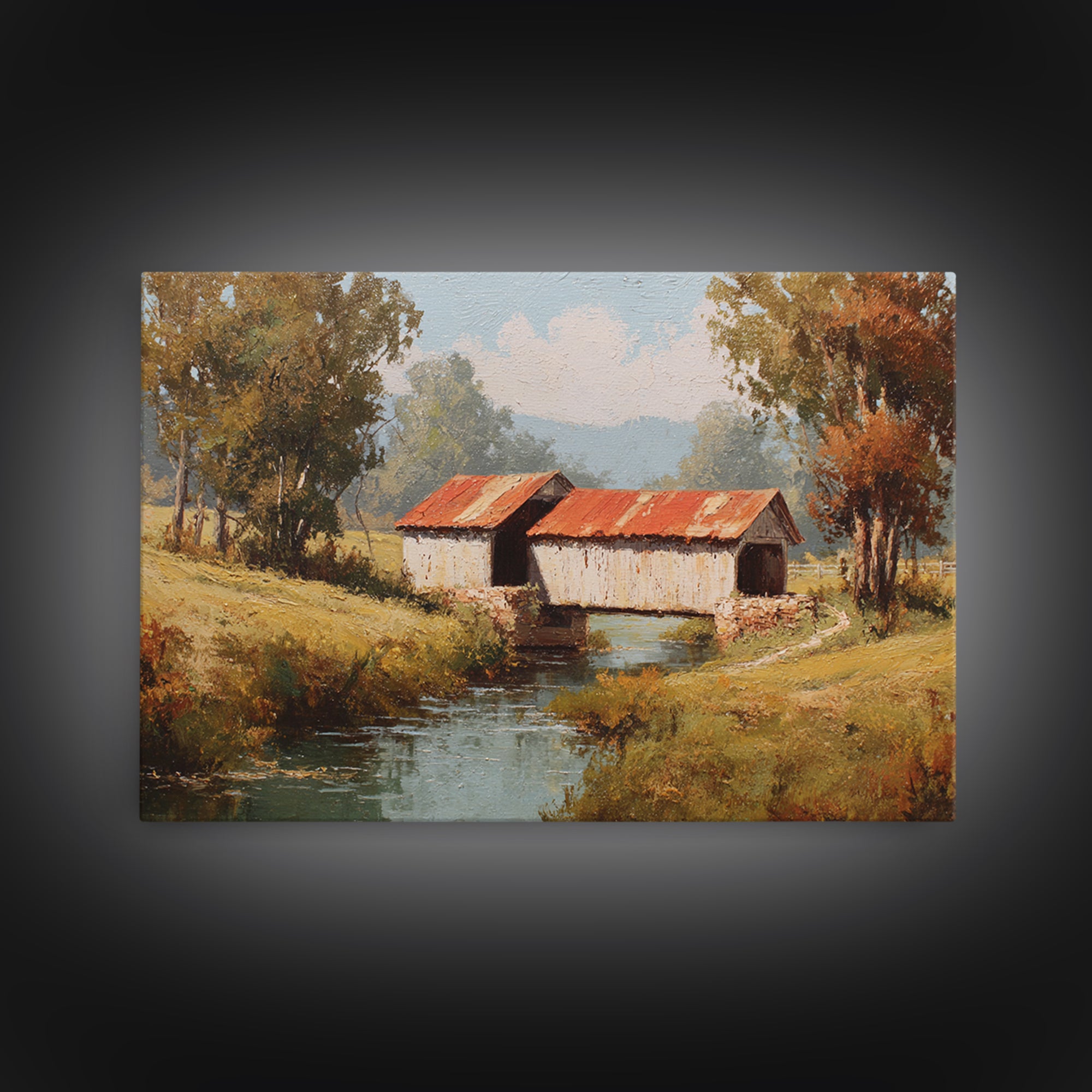 Covered Bridge over a Quiet Creek Canvas Print, Country Art, Landscape Wall Art, Farmhouse Decor, Abstract Art, Country, COU-3x2-43