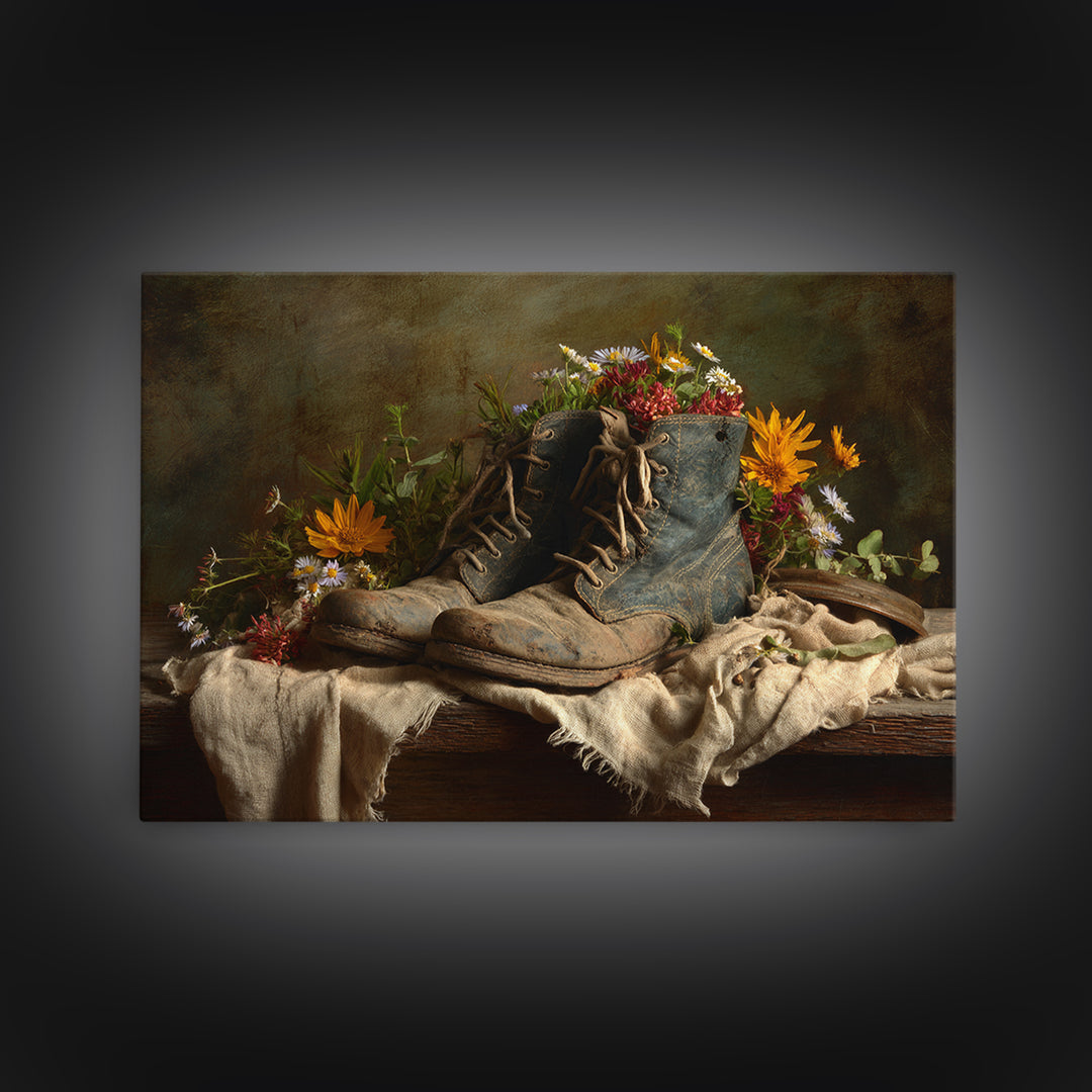 Weathered Boots with Wildflowers Tucked Inside Canvas Print, Country Art, Farmhouse Wall Decor, Farmhouse Decor, Country, COU-3x2-44