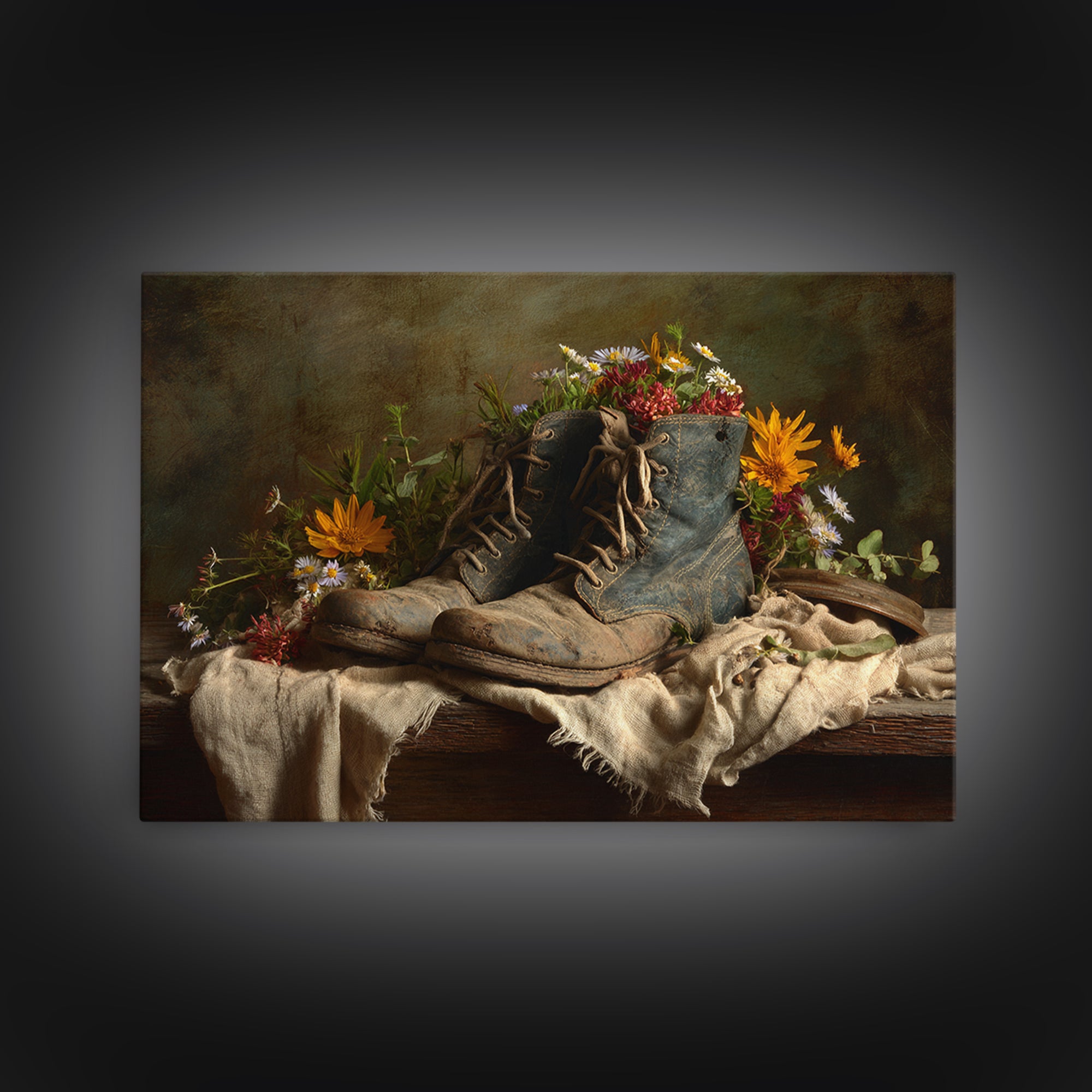 Weathered Boots with Wildflowers Tucked Inside Canvas Print, Country Art, Farmhouse Wall Decor, Farmhouse Decor, Country, COU-3x2-44