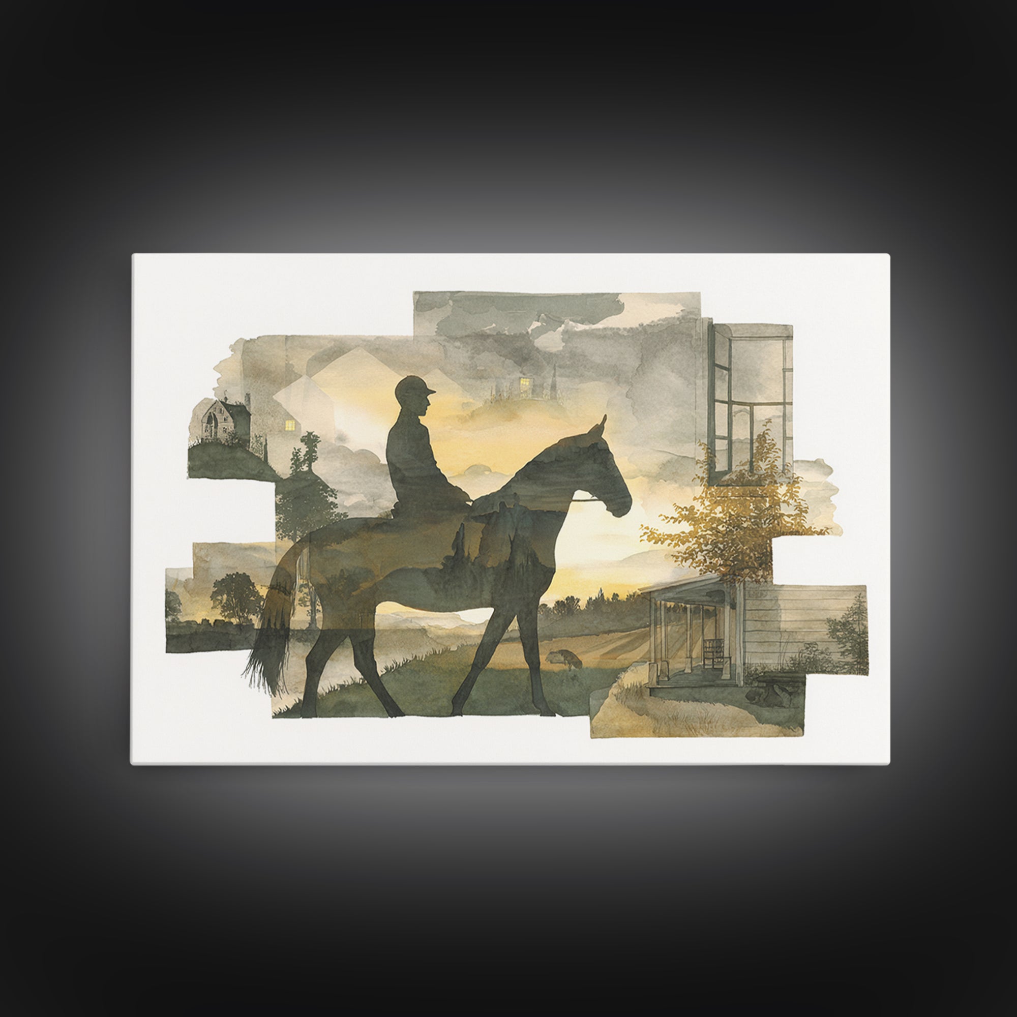Horse and Rider Silhouette at Dusk Framed Canvas Print, Country Art, Landscape Painting, Farmhouse Decor, Fine Art, Country, COU-3x2-45