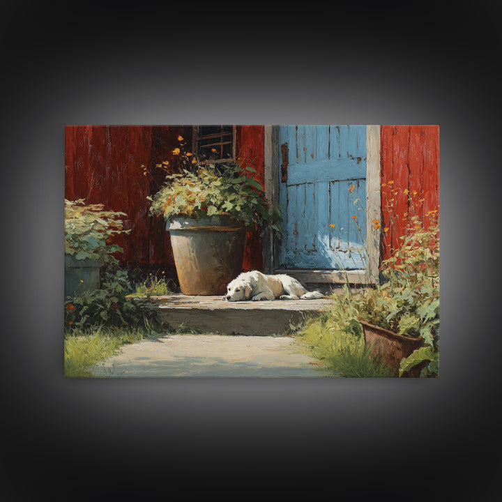 Dog Resting Beside a Porch Flower Pot Framed Canvas Print, Country Art, Farmhouse Decor, Fine Art, Country, Gallery Wall Art, COU-3x2-50