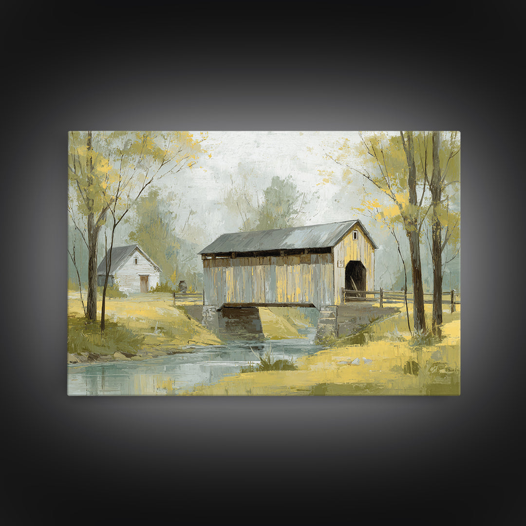 Covered Bridge over a Quiet Creek Canvas Print, Country Art, Textured Painting, Farmhouse Decor, Watercolor Art, Country, COU-3x2-67