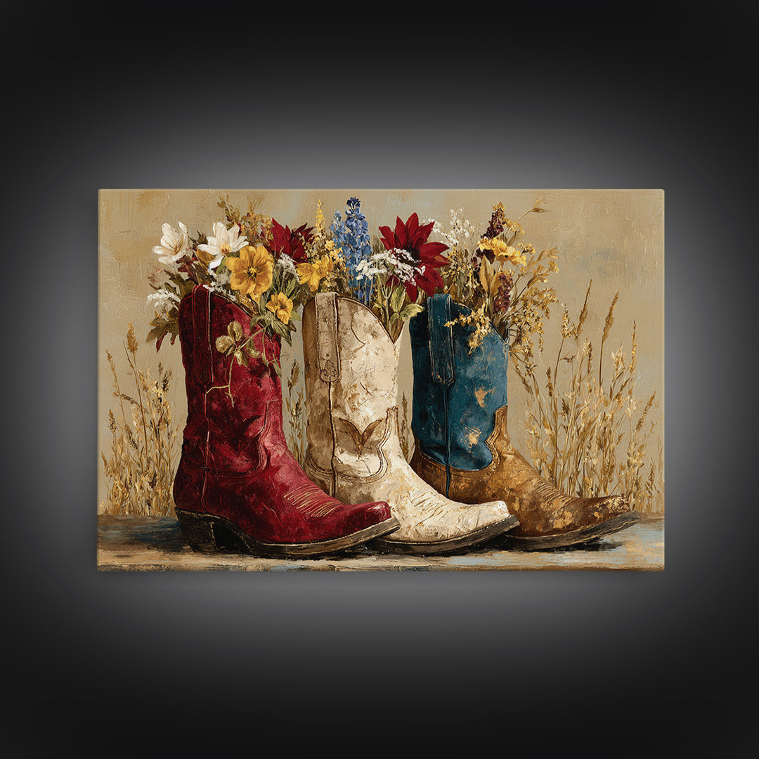 Weathered Boots with Wildflowers Tucked Inside Canvas Print, Country Art, Wall Decor, Farmhouse Decor, Oil Painting, Country, COU-3x2-68
