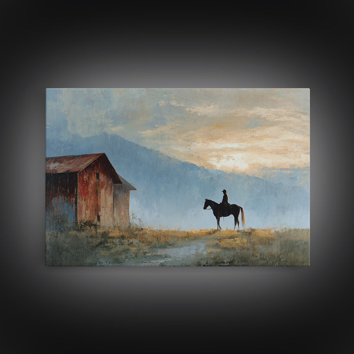 Horse and Rider Silhouette at Dusk Framed Canvas Print, Country Art, Landscape Painting, Farmhouse Decor, Fine Art, Country, COU-3x2-69