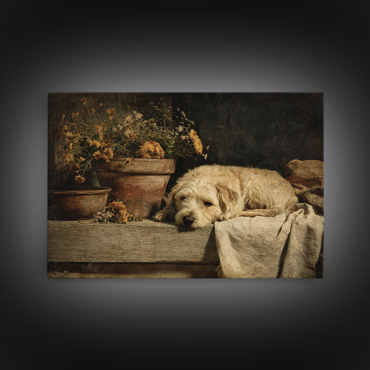 Dog Resting Beside a Porch Flower Pot Framed Canvas Print, Country Art, Farmhouse Decor, Fine Art, Country, Gallery Wall Art, COU-3x2-74
