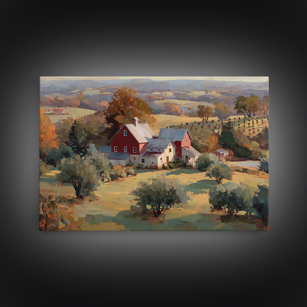 Apple Orchard with Warm Autumn Light Framed Canvas Print, Country Art, Landscape Painting, Farmhouse Decor, Oil Painting, COU-3x2-82